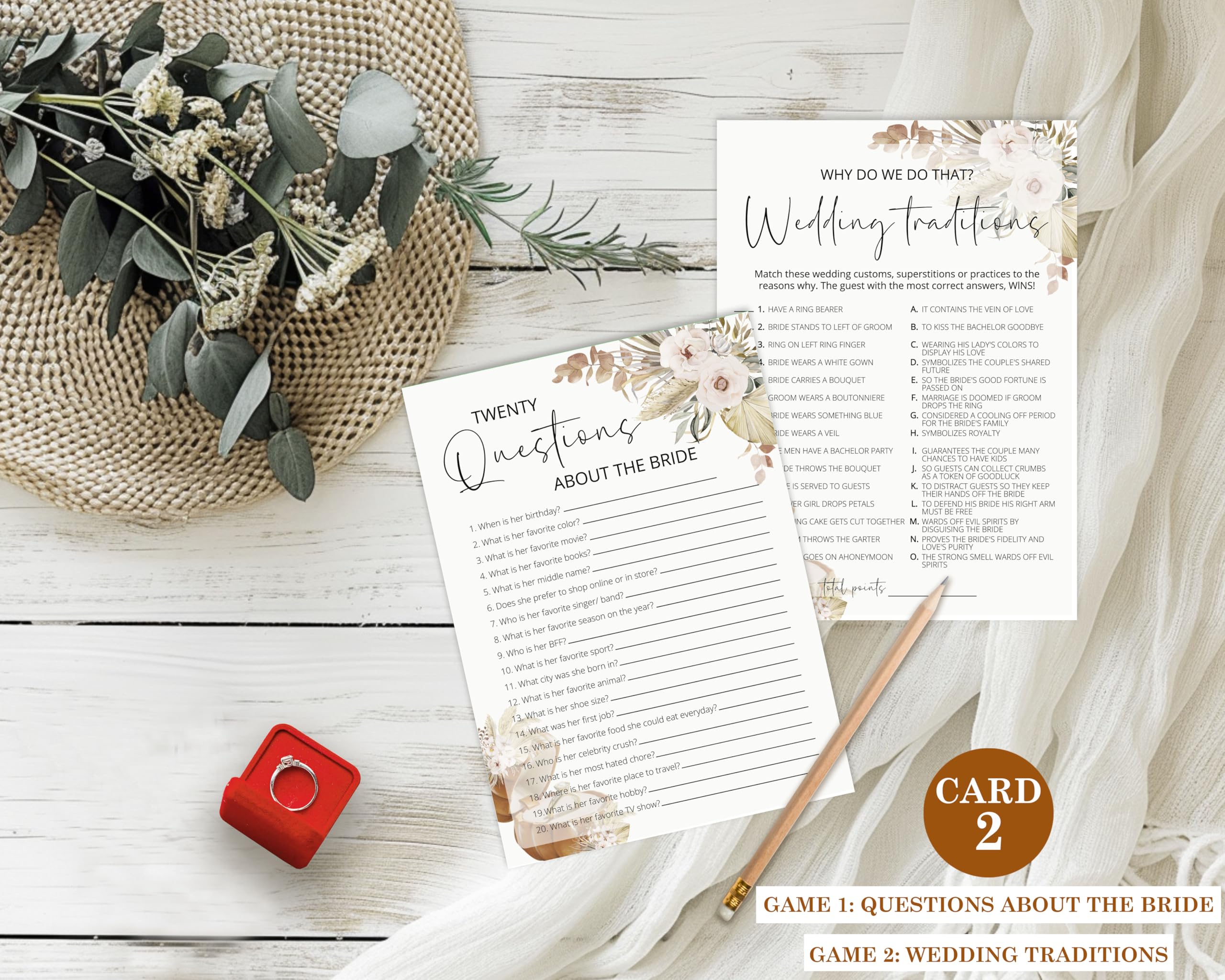 Zestaw gier dla nowożeńców - 4 kwiatowe gry ślubne w stylu boho dla 25 gości - zawiera ponad lub poniżej, tradycje ślubne, bingo - Love is in Bloom upominki na wieczór panieński - jesienna dekoracja
