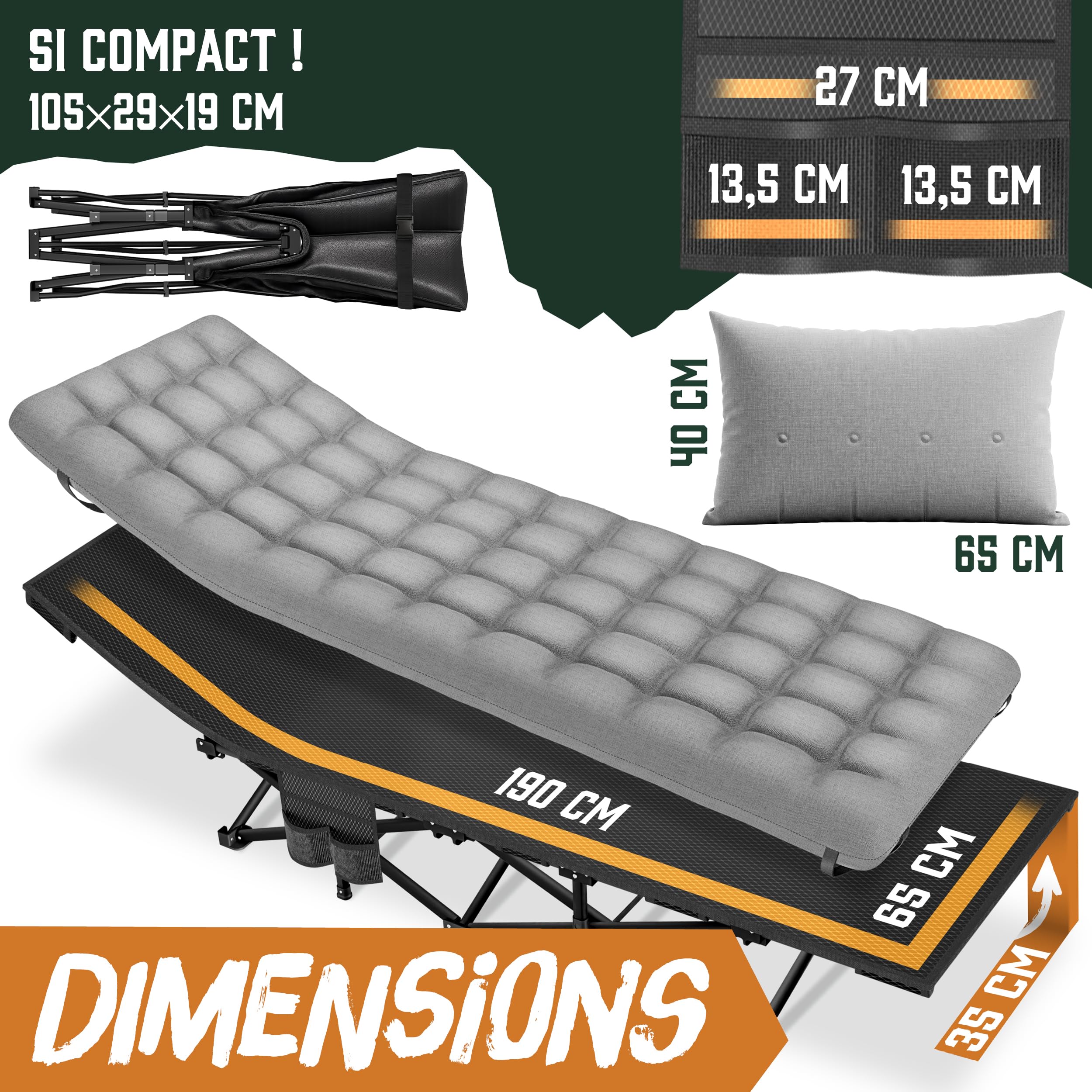 ELONEO Nouveau lit de Camp Pliable avec surmatelas Premium | Lit de Camping Jusqu’à 200kg de Charge | Lit d’appoint Pliable | Lit Pliant intérieur et extérieur | Lit de Voyage Adultes
