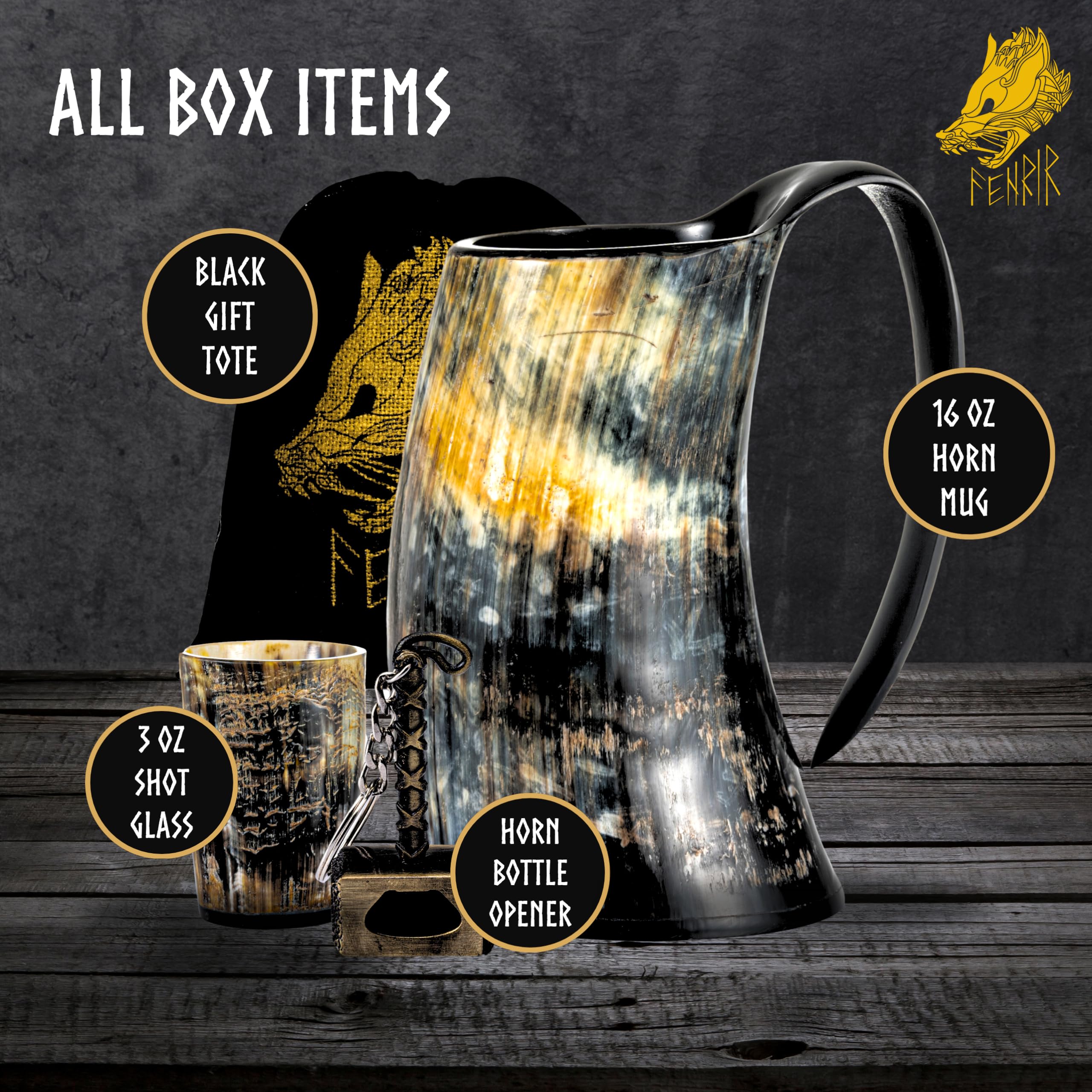 FENRIR Viking Drinking Horn Mug | Thor Bottle Opener Shot Glass | Authentic Ox Horn Medieval Style Mead Tankard | Norse Ale Beer Stein | Loud Cup Tumbler Horn | Unique Gifts for Men | 16-oz