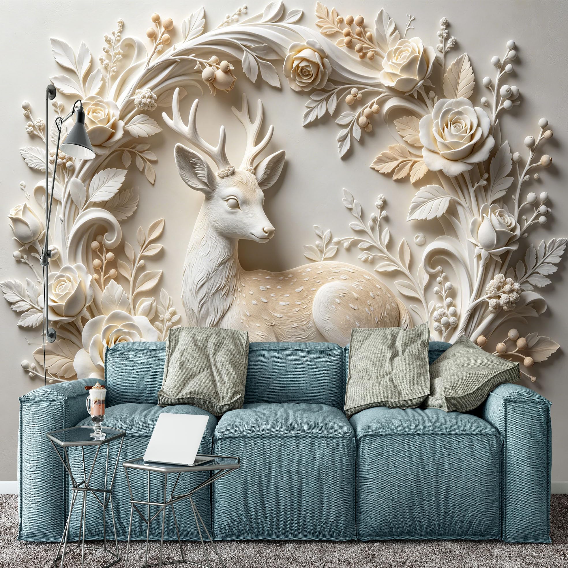 Carta Da Parati Fotografica Premium In Tessuto Non Tessuto con Cervo Maculato A Riposo E Rose 210×150 cm (Lxa) Decorazione Murale Panoramica Ed Elegante con Tema Boschivo E Natura Ideale per Divano