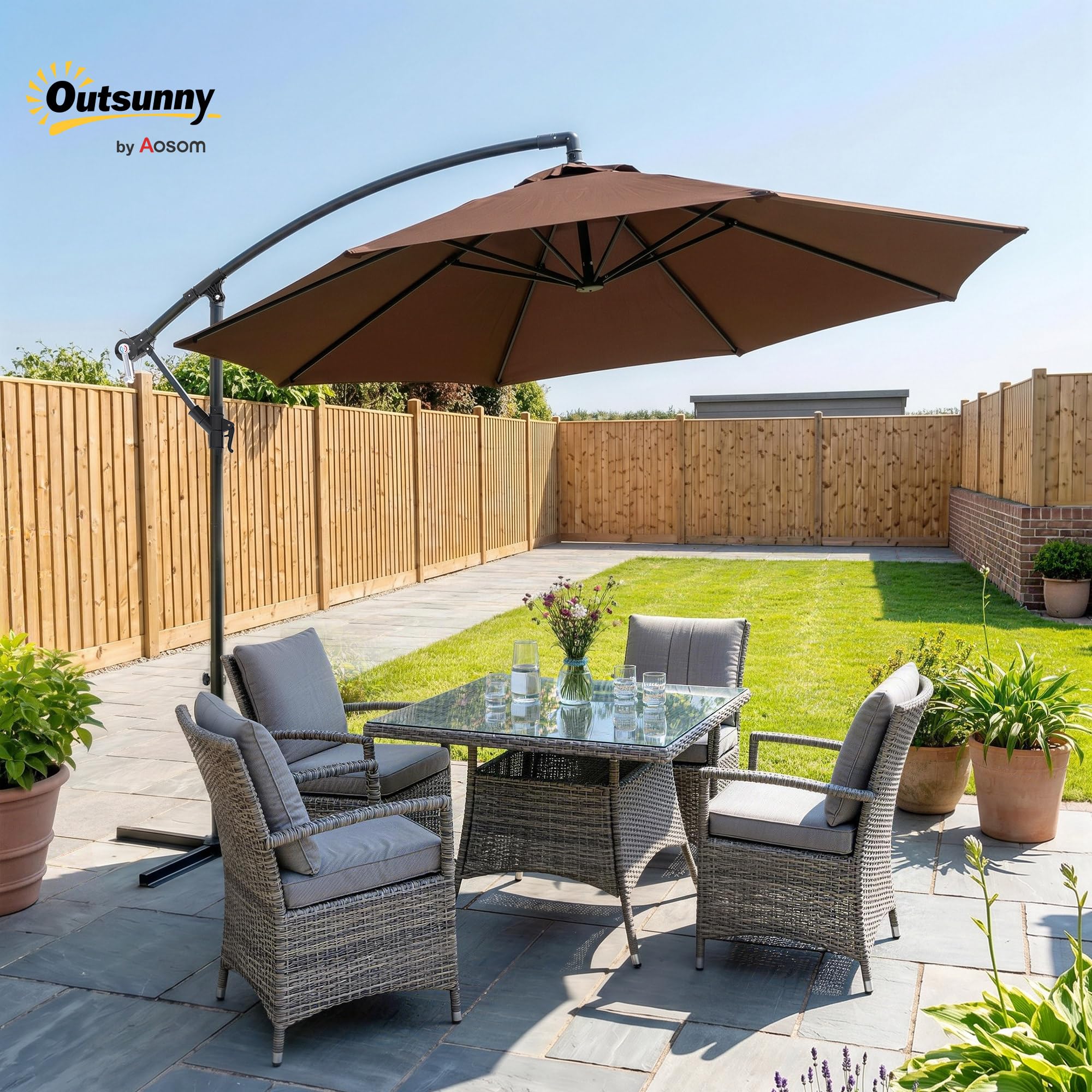 Outsunny Ombrellone da Giardino 3x3m con Tettuccio Regolabile, Base a Croce, Prese d'Aria, Manovella, Ombrellone Decentrato Inclinabile in Acciaio e Poliestere, per Cortile Terrazza, Marrone