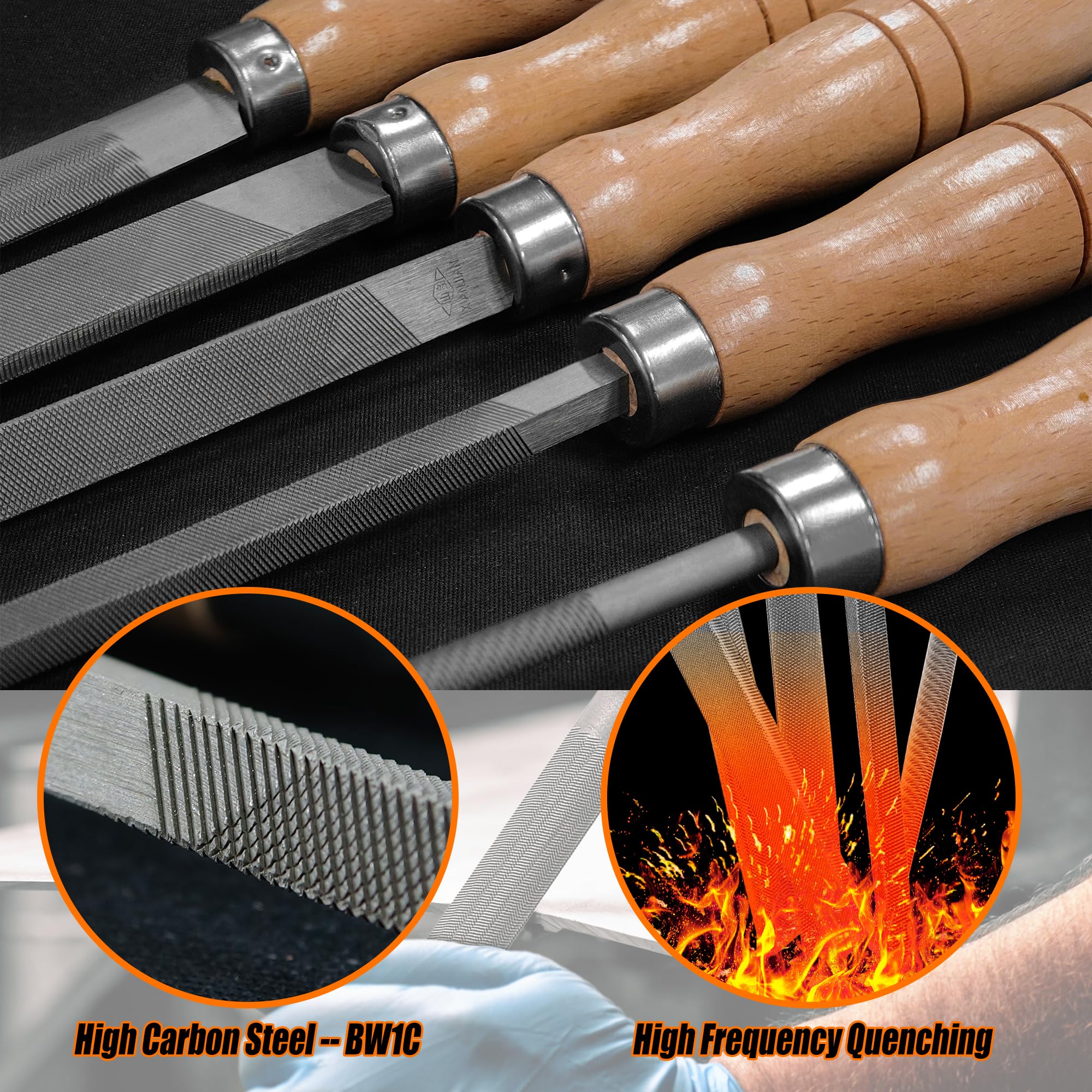 Hartstahl Feilen Set mit Holzgriffen Raspel Feile für Metall, Holz, Kunststoff, 5 Stück