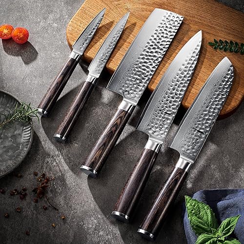 Miniatura 3 de SENKEN Damasco - Juego de cuchillos de 5 piezas, colección Ronin con núcleo de acero japonés VG10, cuchillos de chef con mango de madera, Santoku,