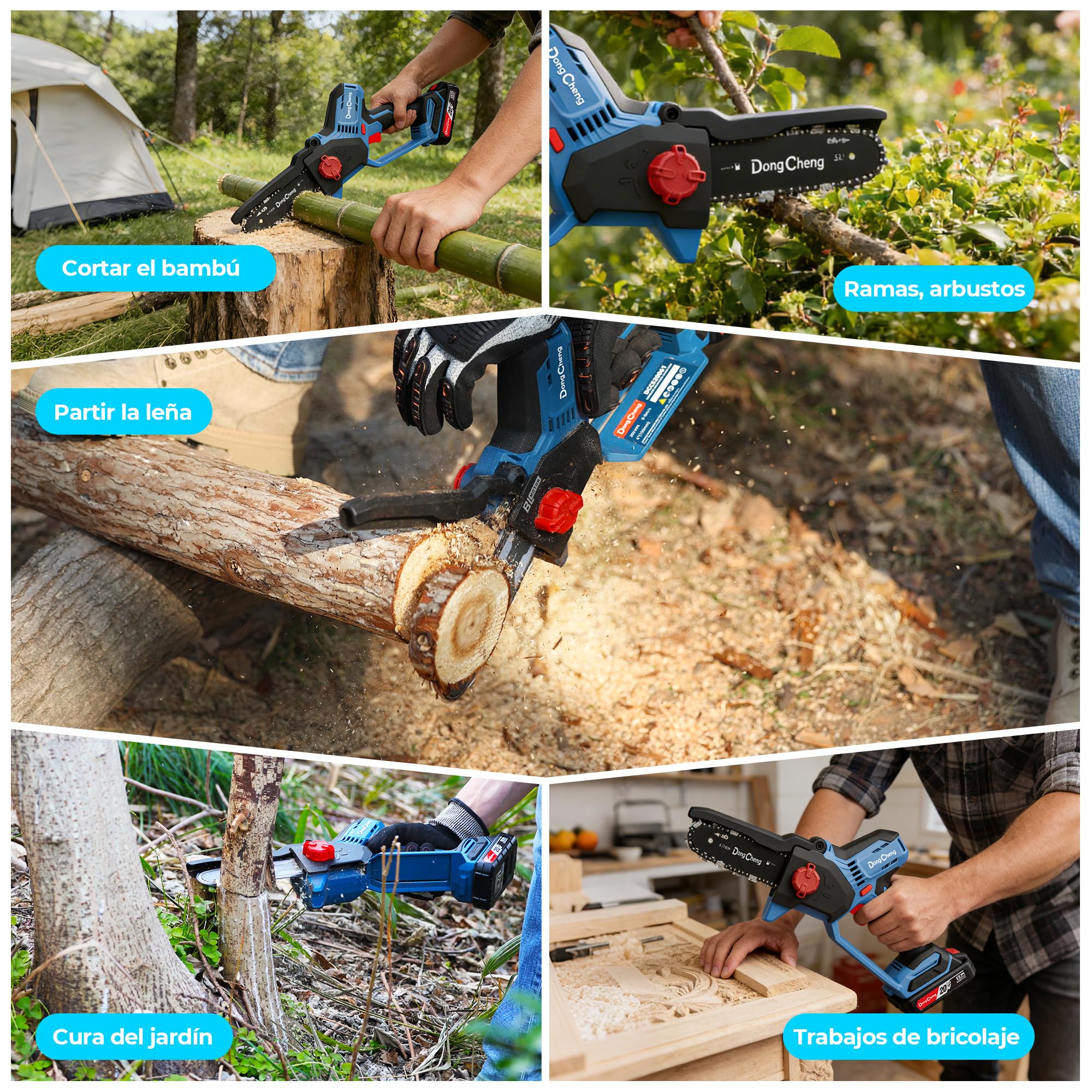 DongCheng Mini motosierra para jardineros y campistas. motor 750W sin escobillas, 2×2000 mAh, 1,2 kg, manejo a una mano, 15 cm, 8 m/s, tensión sin herramientas y engrase auto