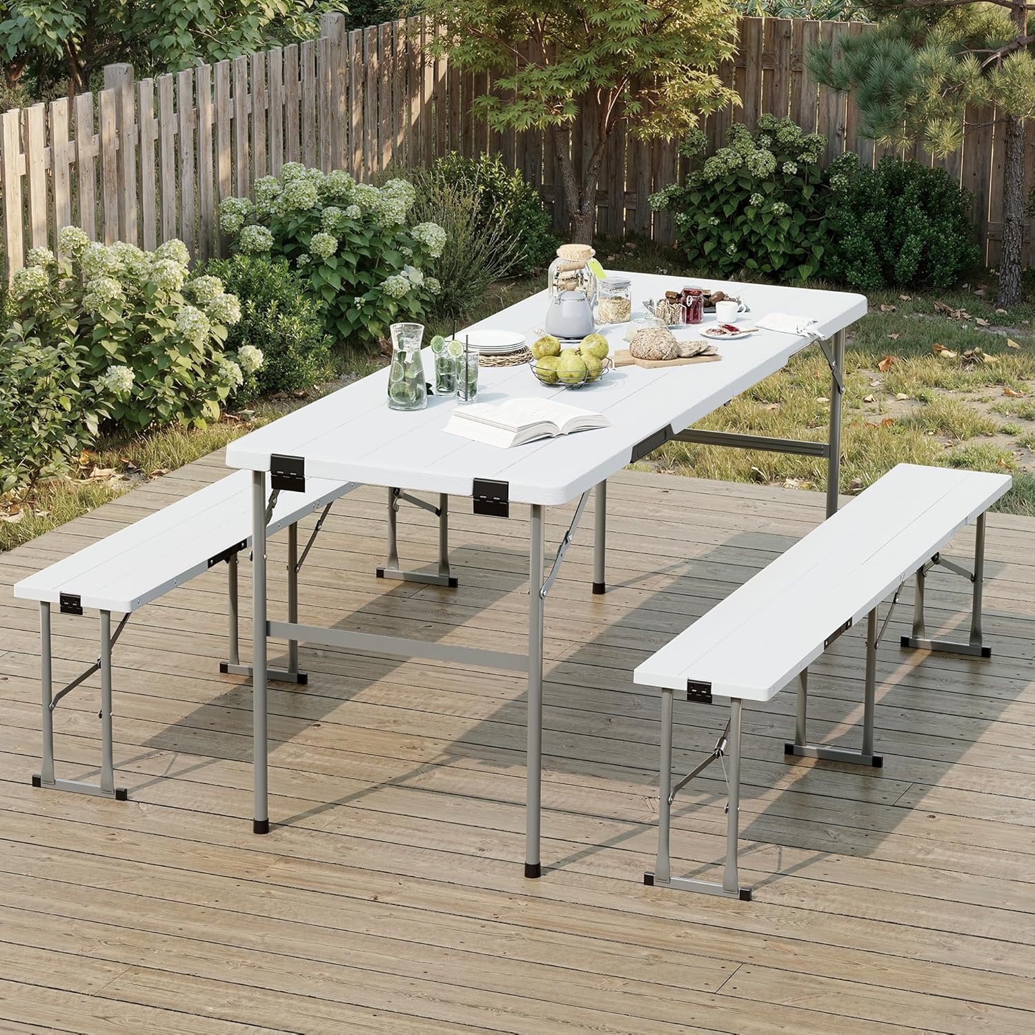 Polar Aurora Picnic Table Set with 2 Benches, 6 Feet Folding Camping Table Chair Set, Portable 3-Piece Outdoor Furniture with Wood Grain Top for Party, Picnic, Camping, Wedding (White)