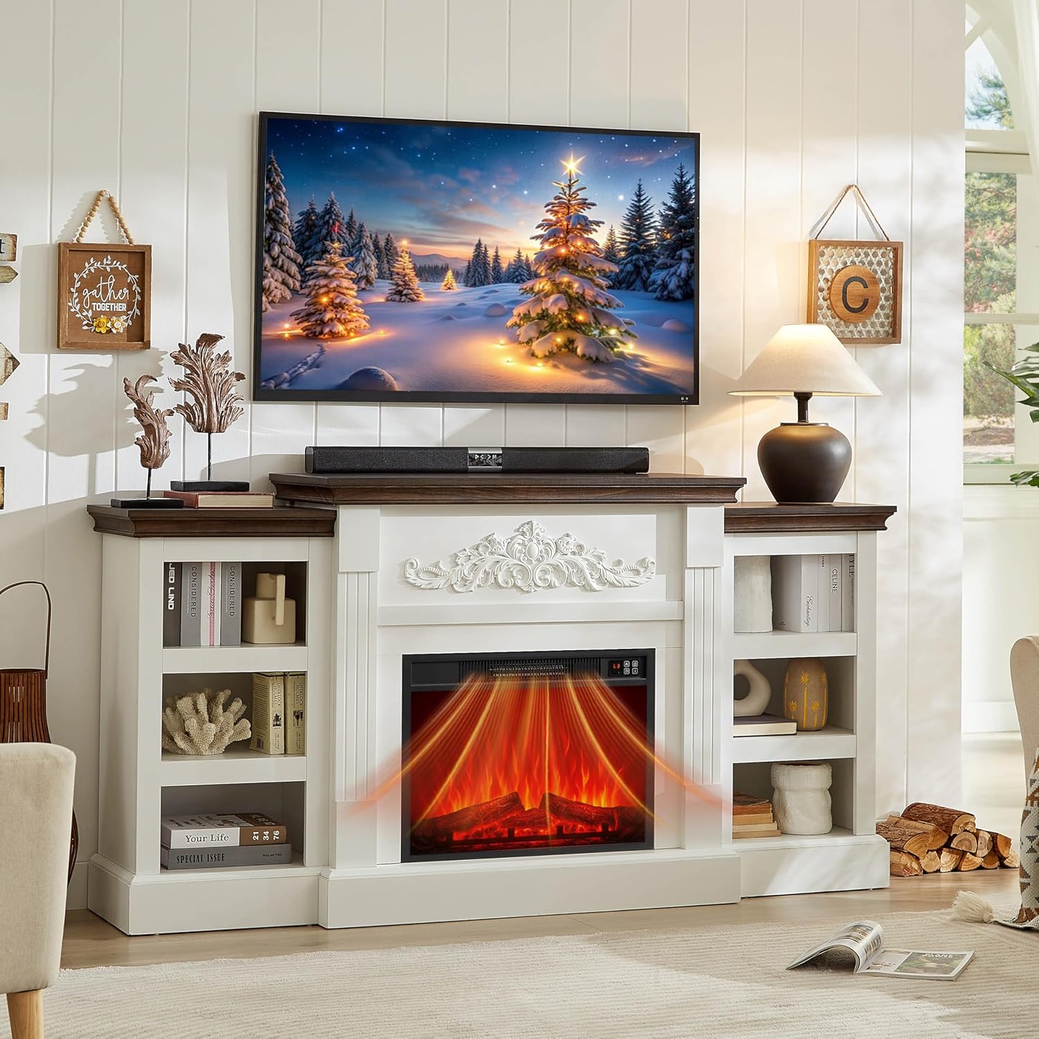 72" Electric Fireplace with Mantel, Electric Fireplace Heater, Fireplaces TV Stand for TVs Up to 80", Entertainment Center 23" Electric Fireplaces Insert Realistic 3D Flame for Living Room, 1400W/750W