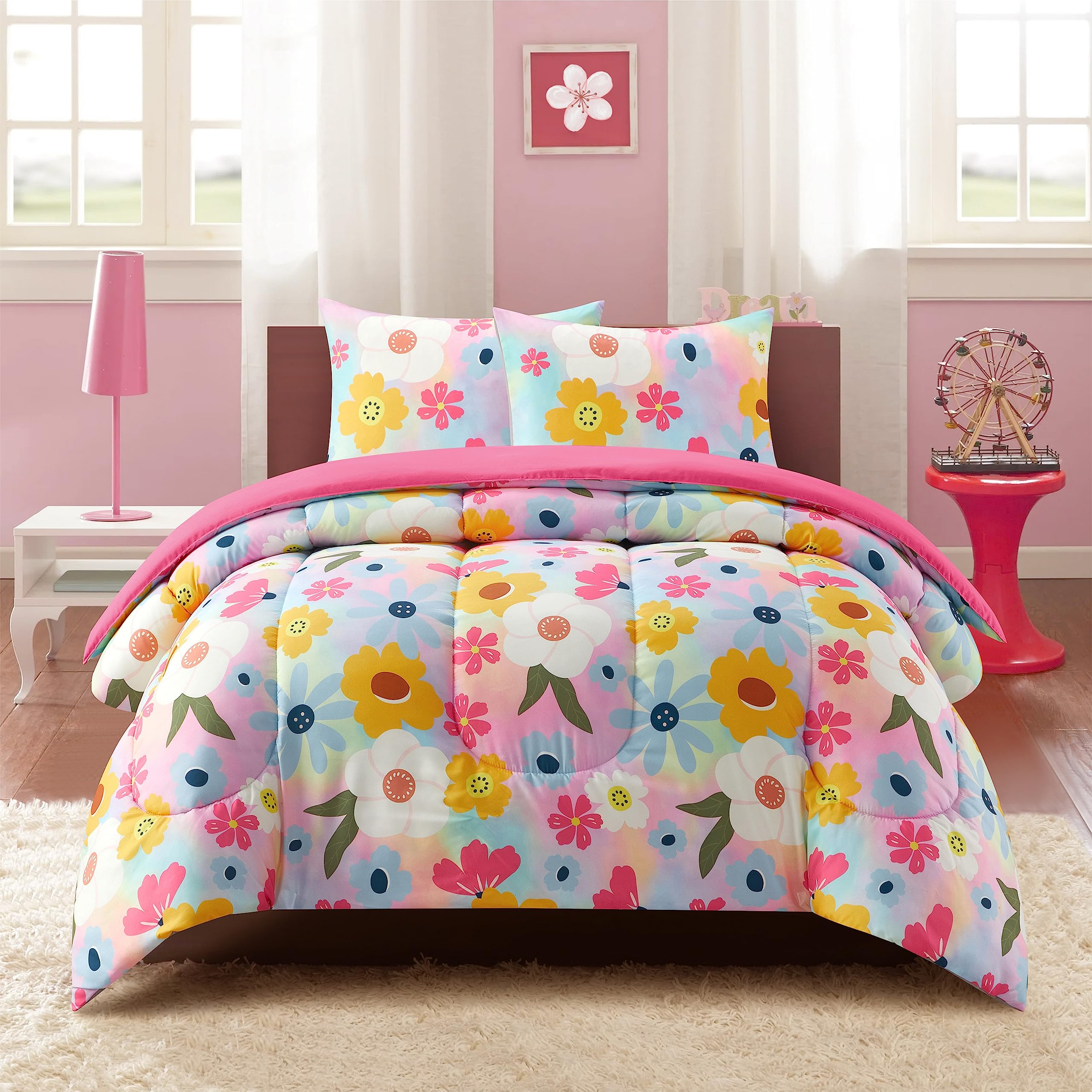 Heritage Kids Easy Wash Ultra Soft and Cozy Microfiber Printed Comforter Set with Comforter and 2 Shams - Retro Floral - Full