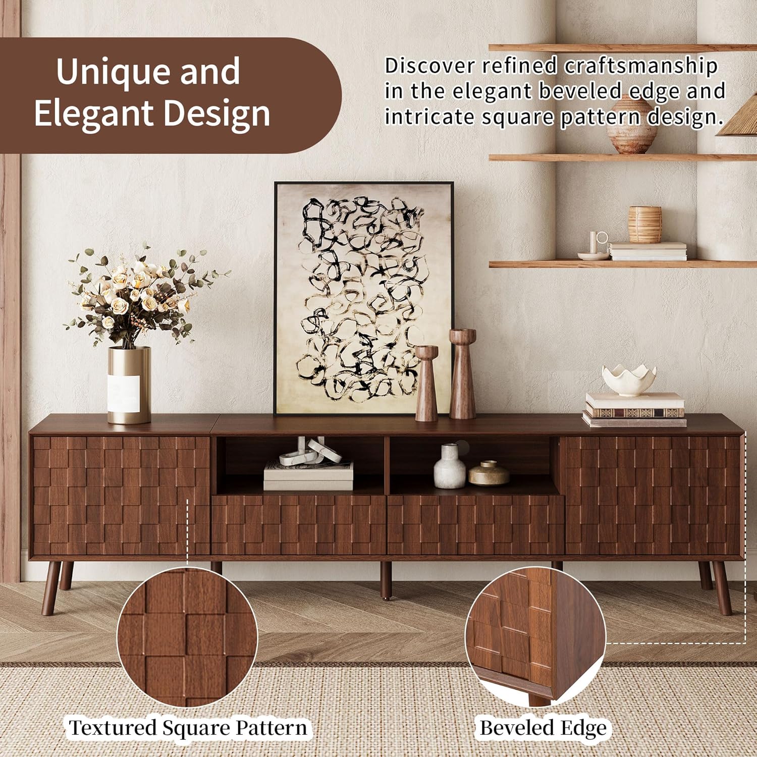 Merax 78" TV Stand for TVs Up to 85", Modern Entertainment Center with 2 Doors, 2 Drawers, and Open Shelves, Media Console with Unique Mosaic Front Design for Living Room