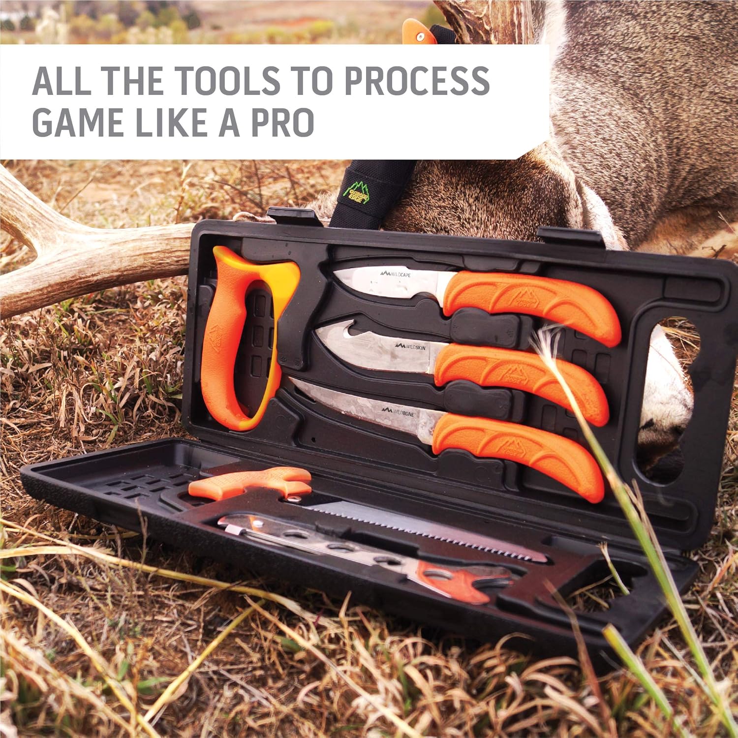 OUTDOOR EDGE WildPak with 3.5" Orange RazorLite Knife and 30 Replacement Blades | Field Dressing Kit, Complete 8-Piece Portable Butcher Game Processor Set | Perfect Hunting Knife for Skinning Deer