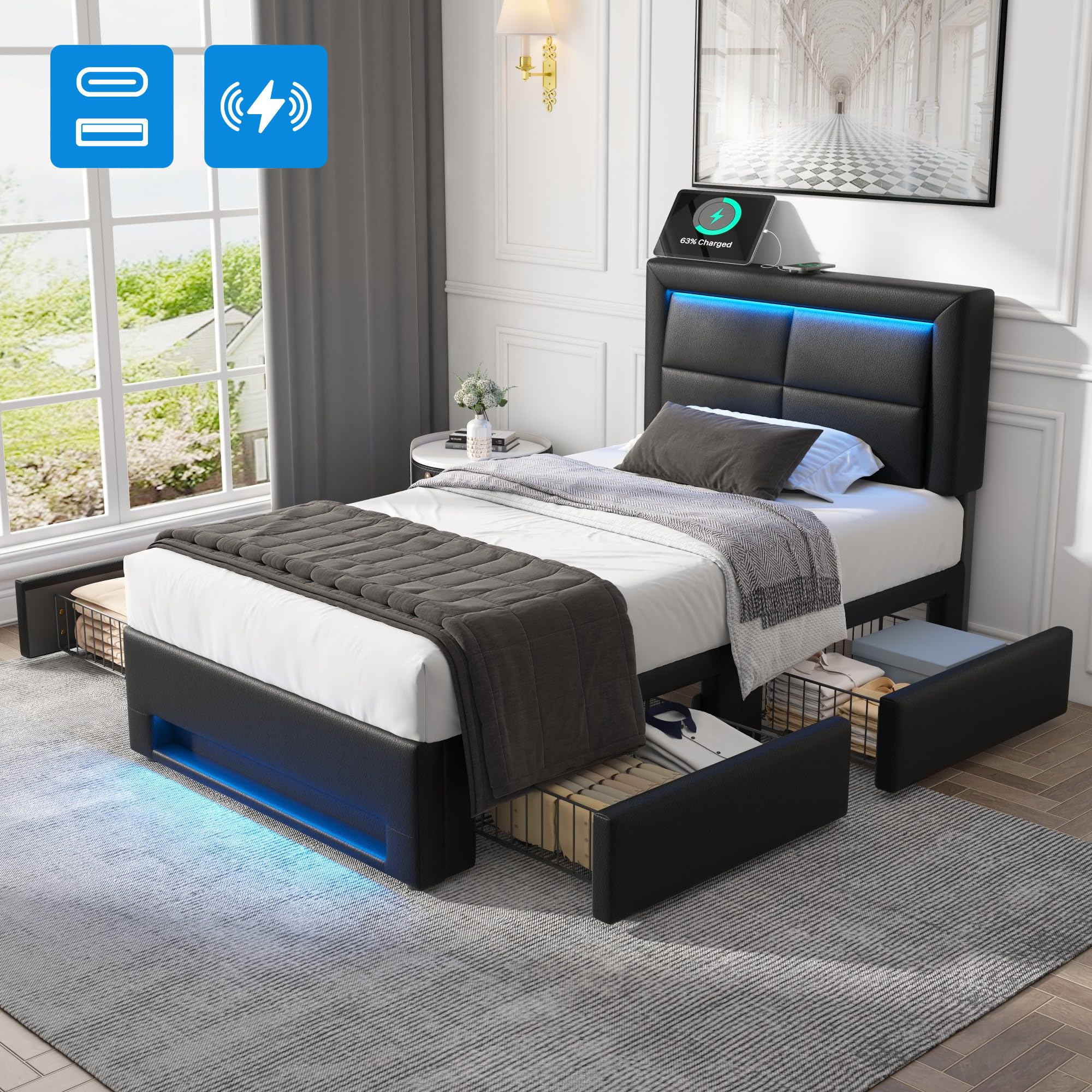 Cama 90 x 190 cm con LED y USB (soporta inalámbrica), cama tapizada de 90 x 190 cm con 4 cajones y cabecero, cama individual con somier, cama de almacenamiento, cama juvenil moderna estructura de