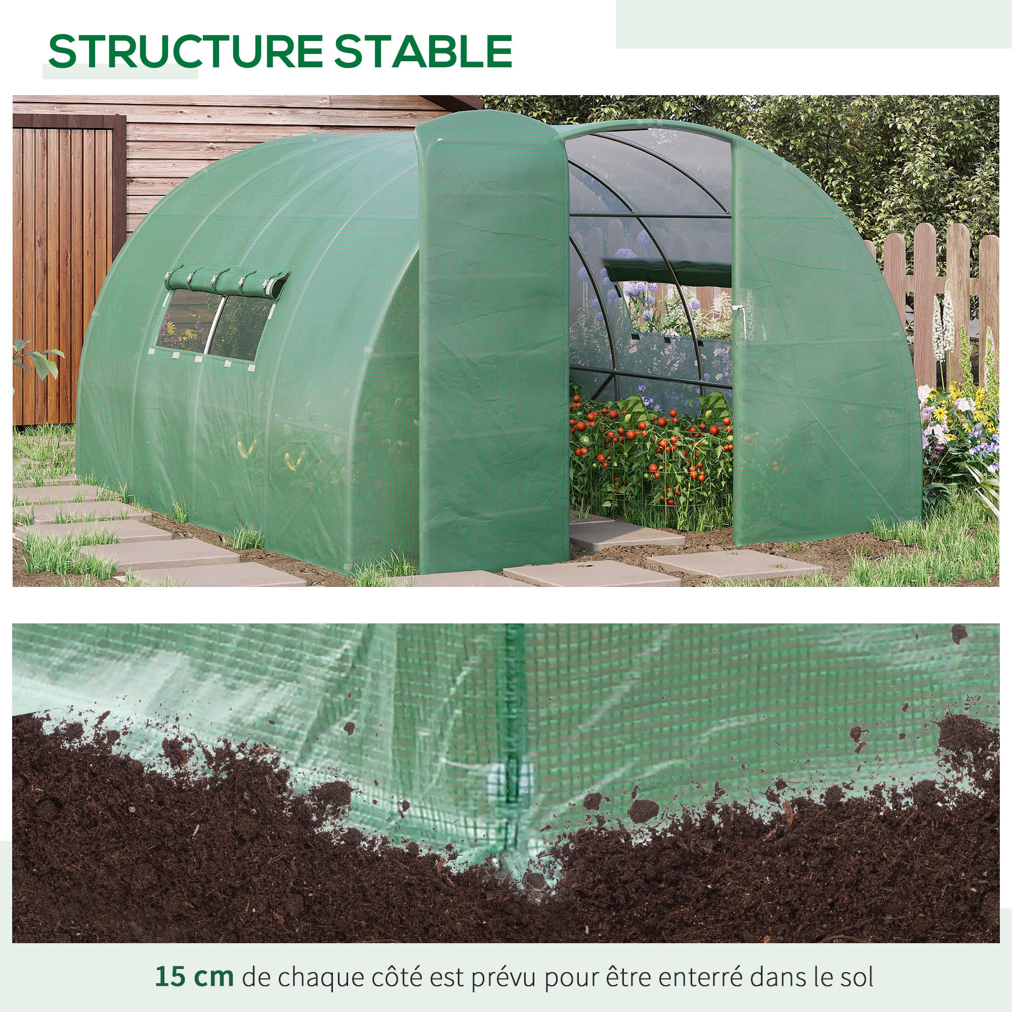 Outsunny Serre de Jardin Tunnel 12 m² 4L x 3l x 2H m Acier galvanisé renforcé + PE Haute densité fenêtres Porte Vert