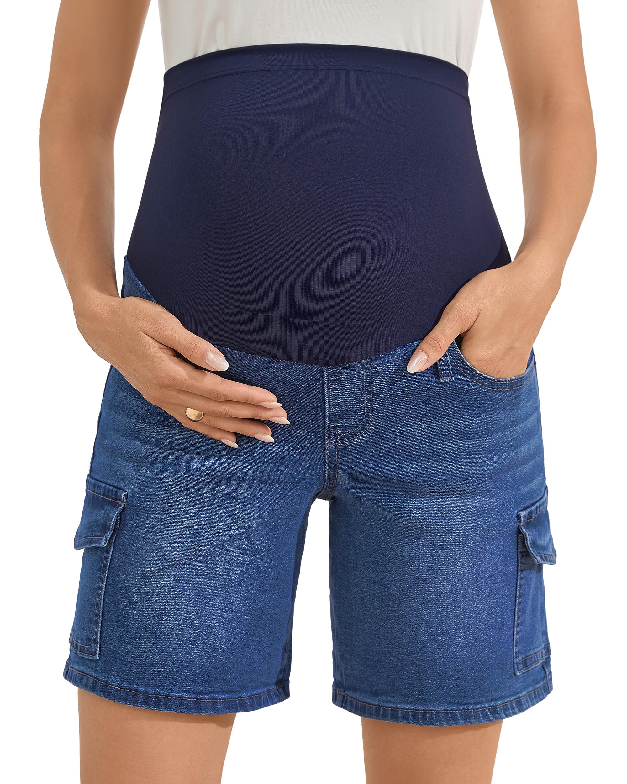 PACBREEZE Women's Maternity Jean Shorts Over Belly Stretch Denim Shorts Trendy Summer Pregnancy Clothes