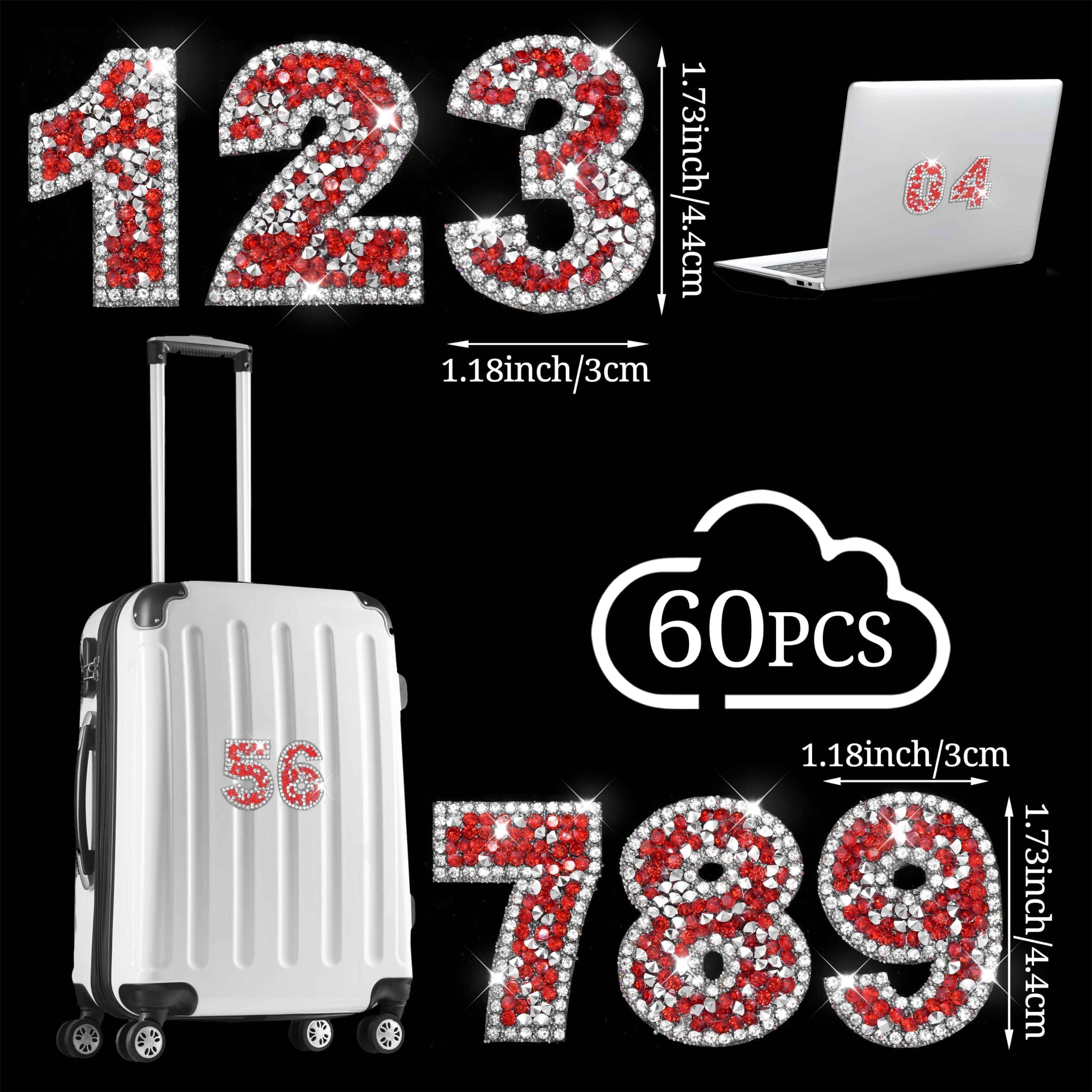 Locacrystal 60pcs Bling Rhinestone Number Stickers - 6 Sets 0-9, Self-Adhesive (1.57 Inch) - View #3