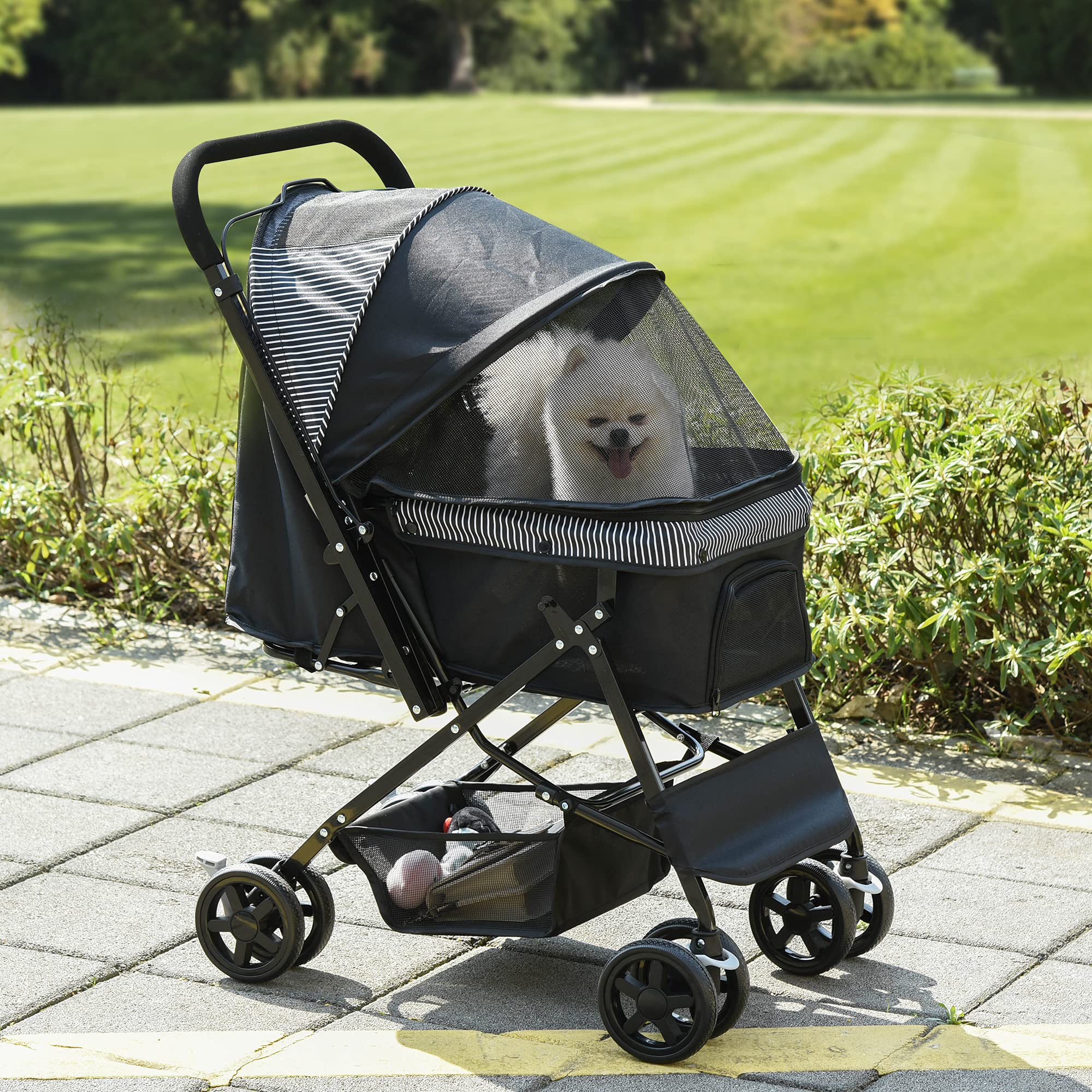 PawHut Cochecito para perros y gatos pequeños, color negro, 76,5 x 52 x 95 cm | Carrito para perros, carrito para mascotas, carrito para mascotas, carrito para gatos, Oxford