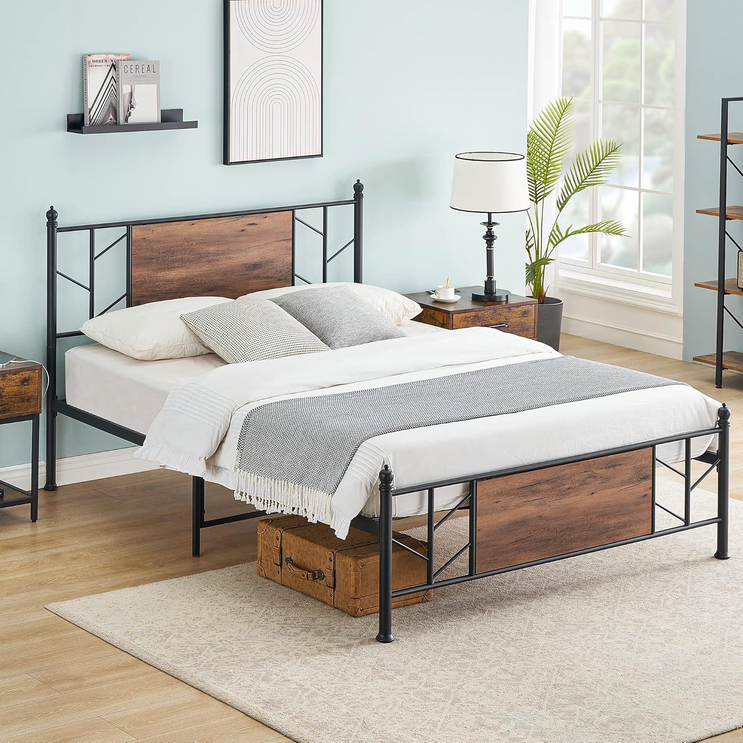 IDEALHOUSE 2024 Vintage 13-Inch Full Bed Frame - Industrial Style with Retro Wooden Boards, Strong Bearing Capacity - No Box Spring Needed