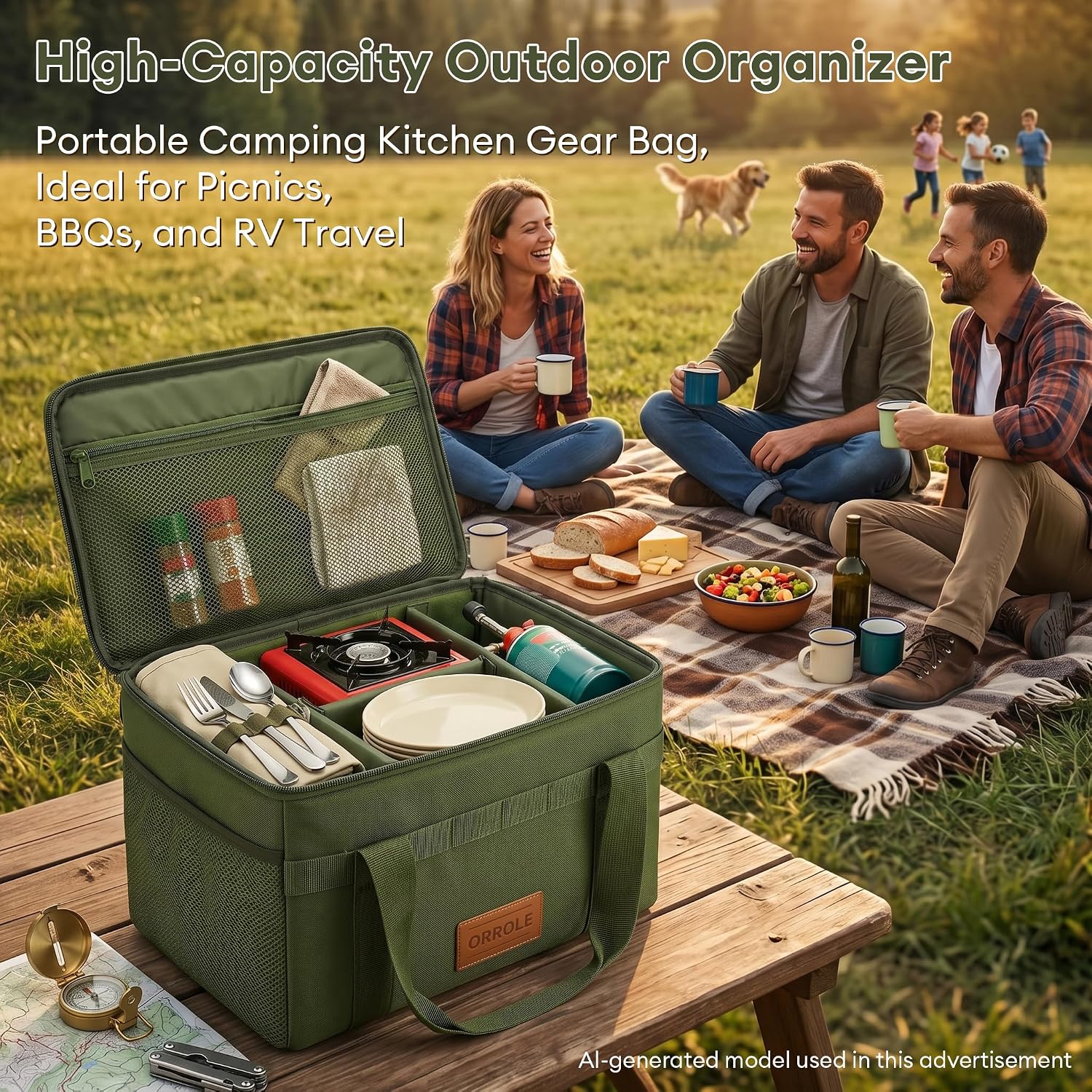 Camping Storage Bag 15L, Premium Camping Tote with Padded Dividers & Custom Patches, Durable Gear Organizer for Camp Kitchen, Trunk & Outdoor Essentials