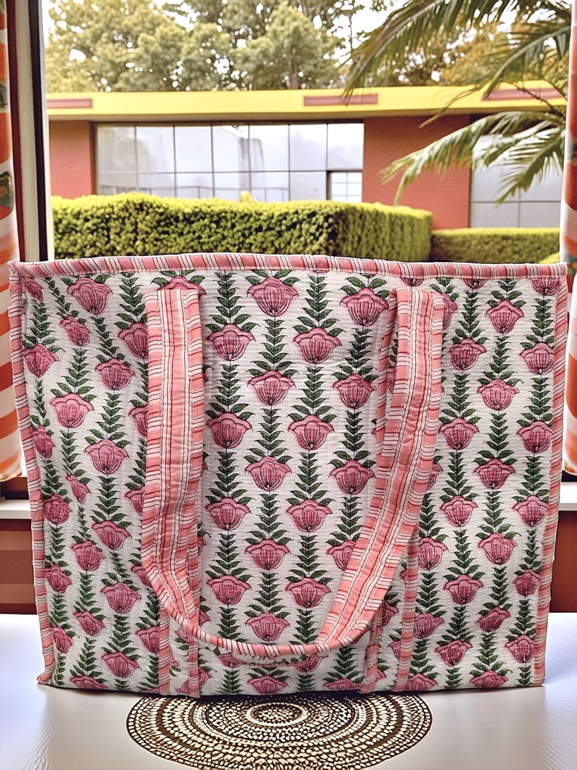 Cotton Floral Block Print Tote Bag Handmade Indian Shoulder Bag, Qiulted Market Shopping Bag - Image 2