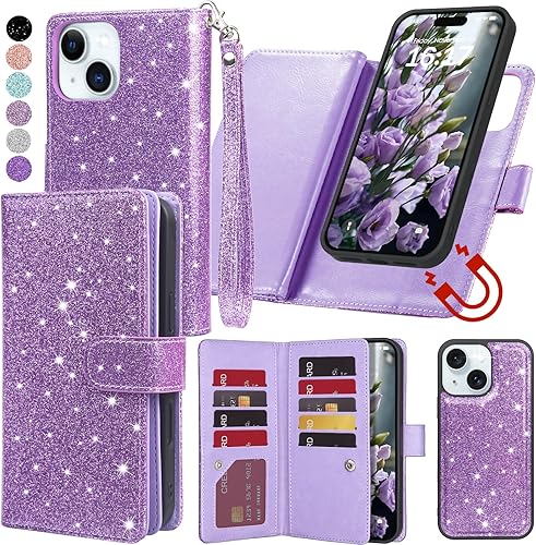 Varikke Funda tipo cartera desmontable para iPhone 14 Plus con tarjetero para mujer, correa de cuero con purpurina a la moda, cartera magnética
