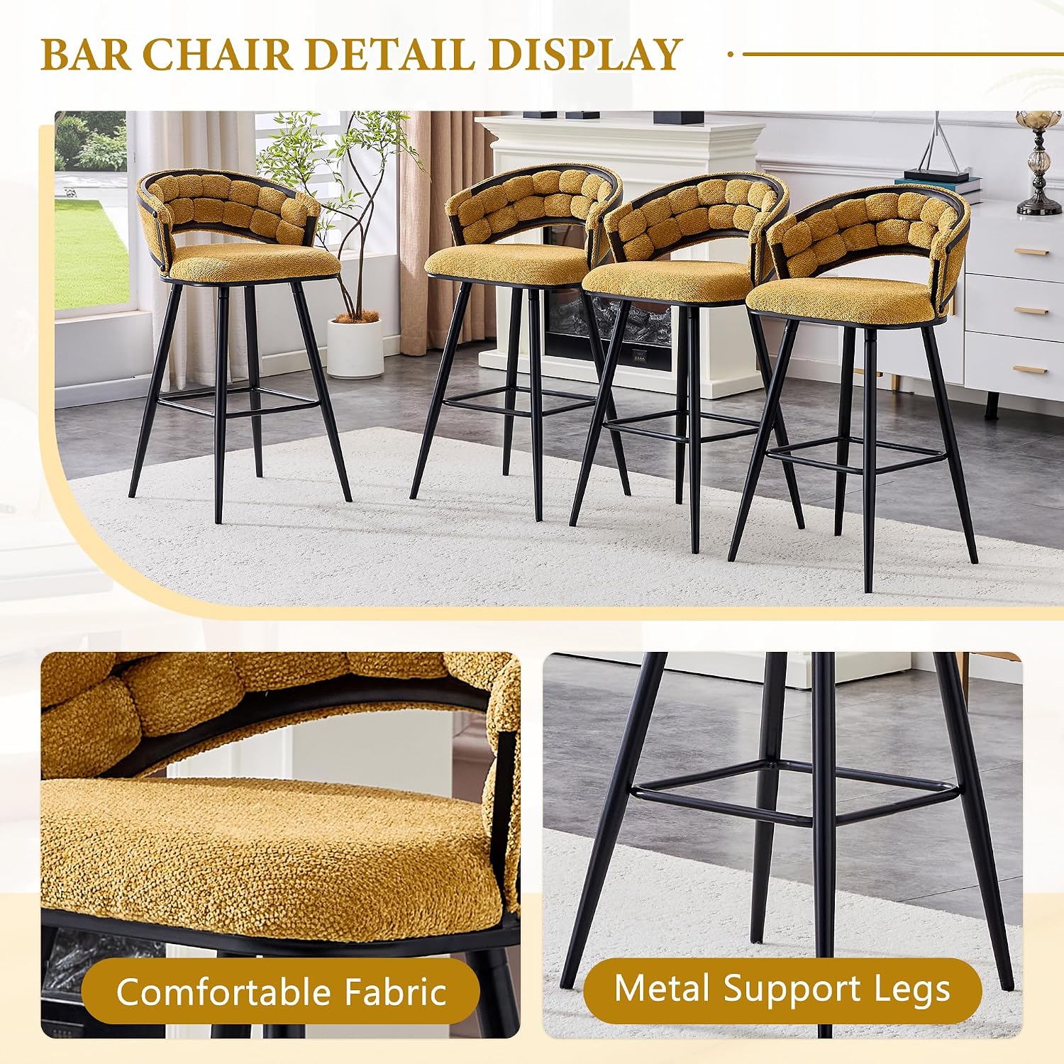 Bar Stools Set of 2，29.3" Counter Height Bar Stools with Curved Back and Metal Legs, Fabric Kitchen Stools with Soft Padded Seat for Dining Room,Kitchen Island, Home Bar
