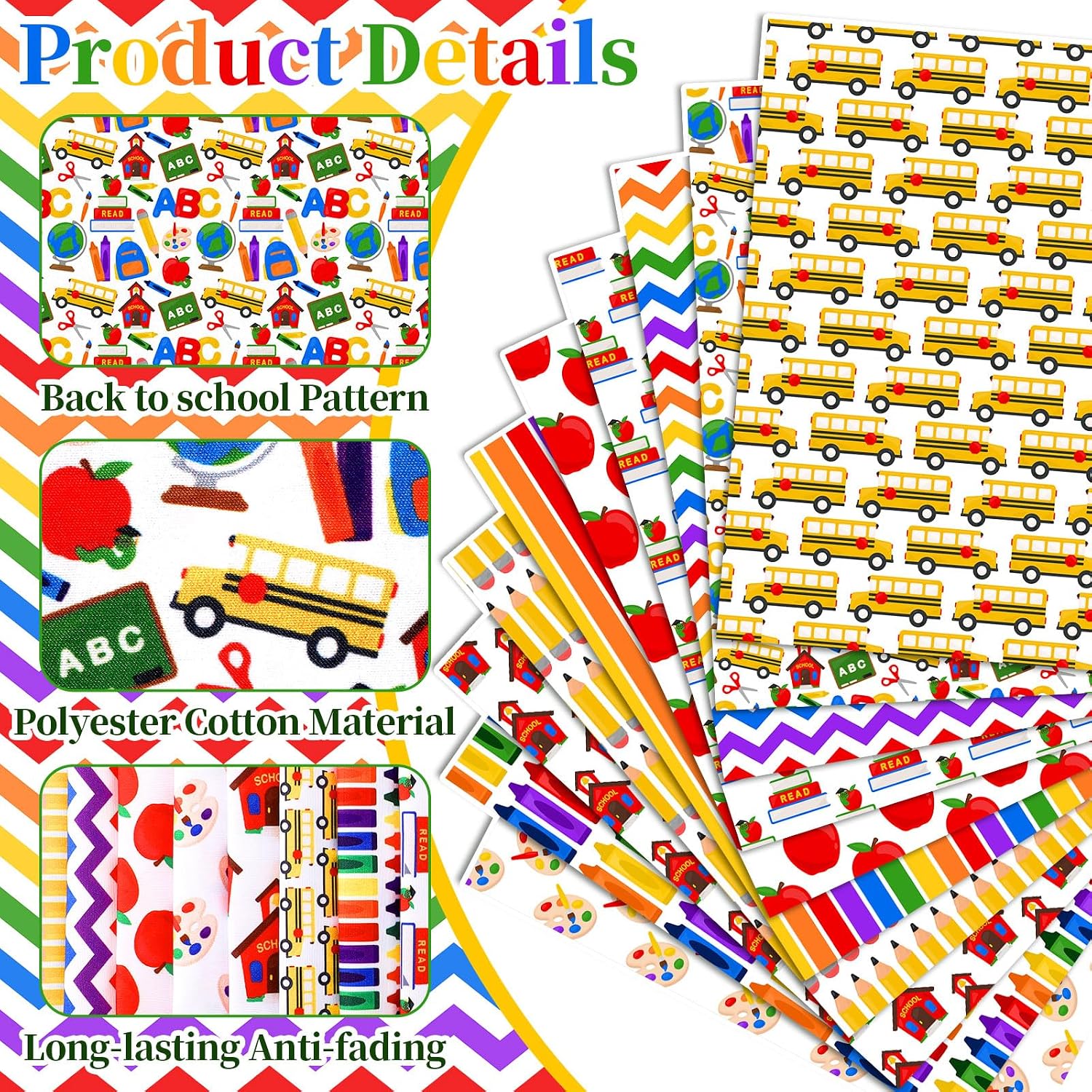 Mindsoft 10 Pcs 20''x 20'' Back to School Quilting Fabric Square Bundle Multi Color Precuts Quilted Fabric Strips Crayon Pencil Apple Truck Book Printed Patchwork Supply for Handmade DIY Sewing Craft