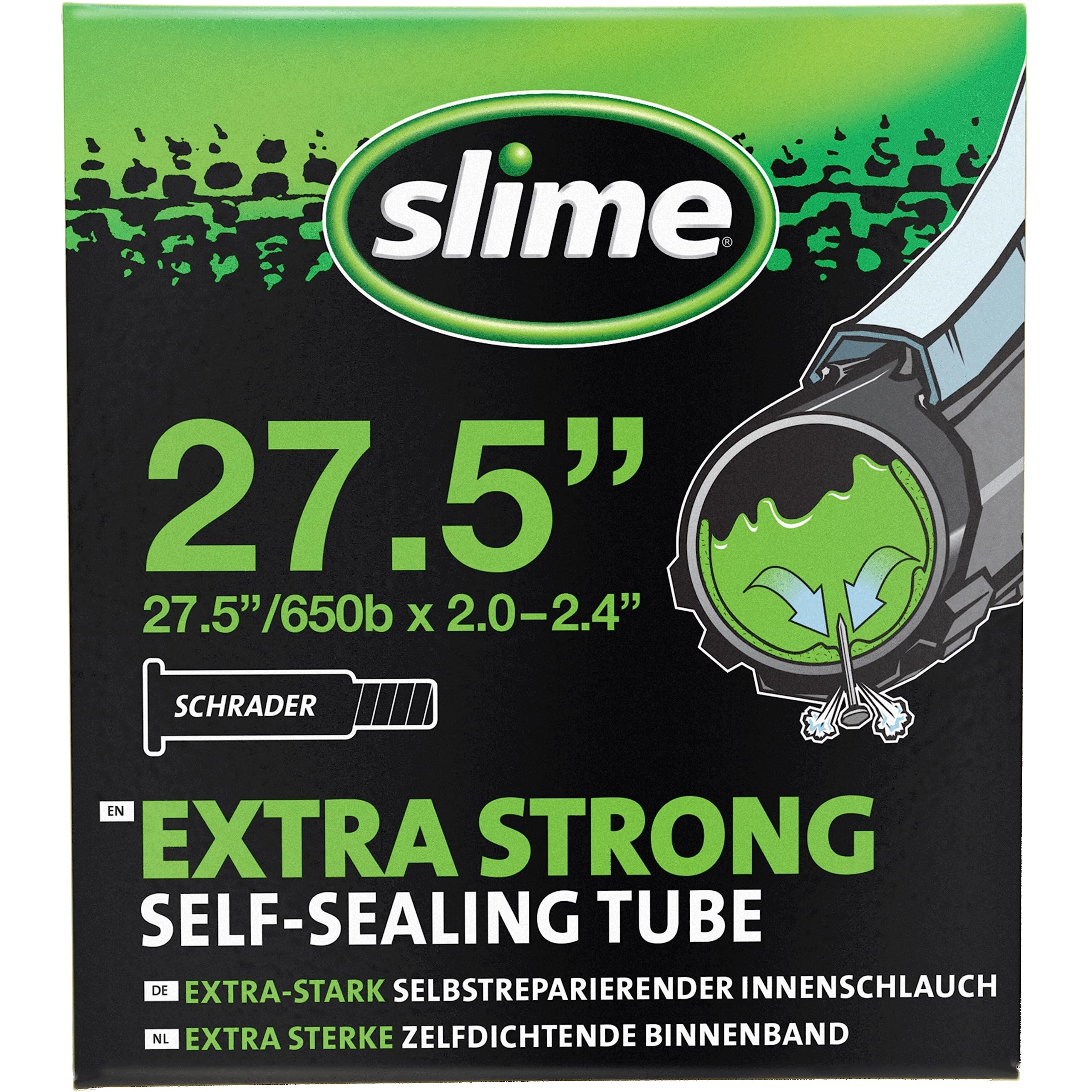 Slime 30077 Bike Inner Tube with Slime Puncture Sealant, Self Sealing, Prevent and Repair, Schrader Valve, 50/60-584mm (27.5 (650b) x 2.0-2.4), Green