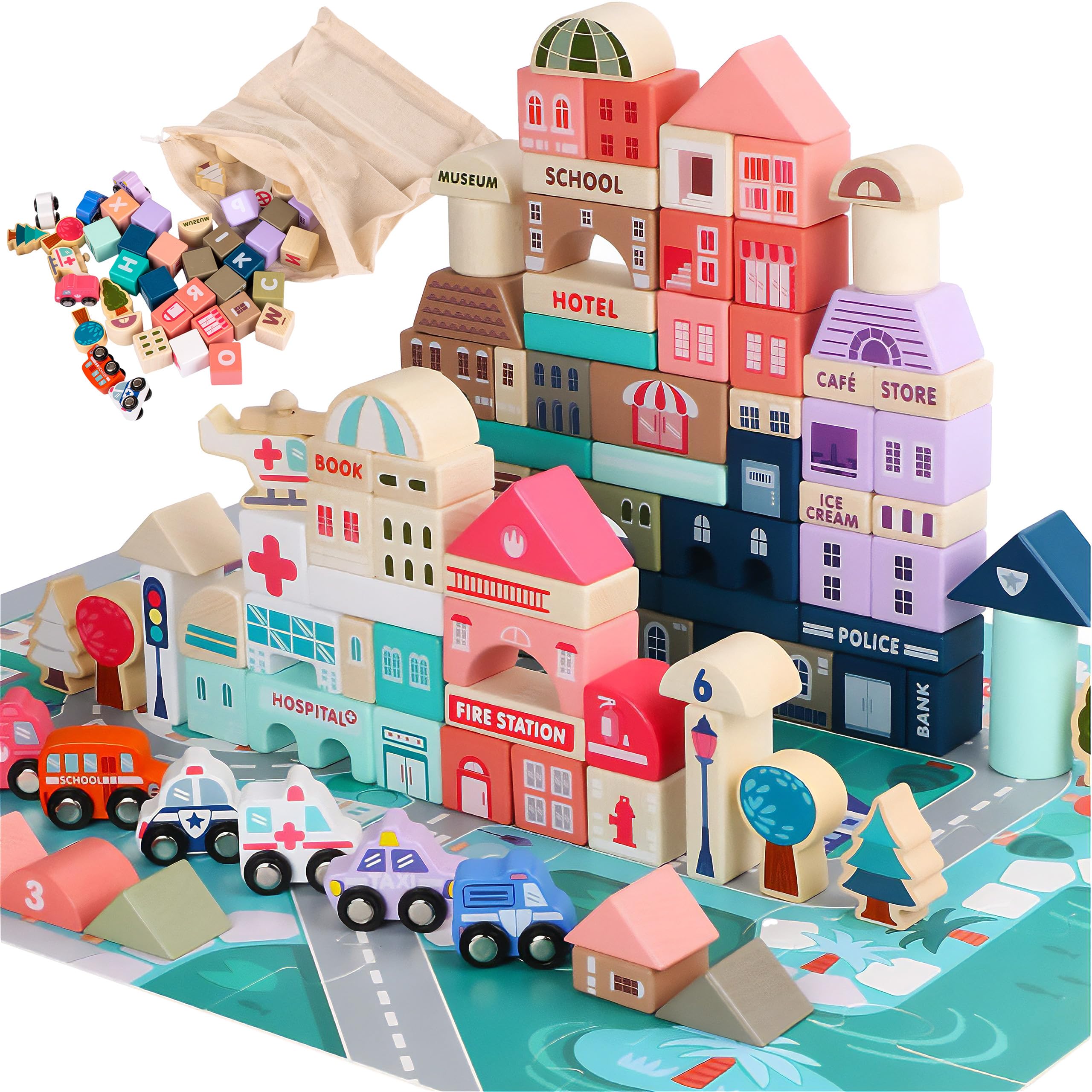 Kinderplay 115 Piezas Bloques Madera Construccion para Niños Puzzle Coloridos Señales de Trafico de Juguete Juegos Educativos para Niños 3 4 5 6 Años, KP8464