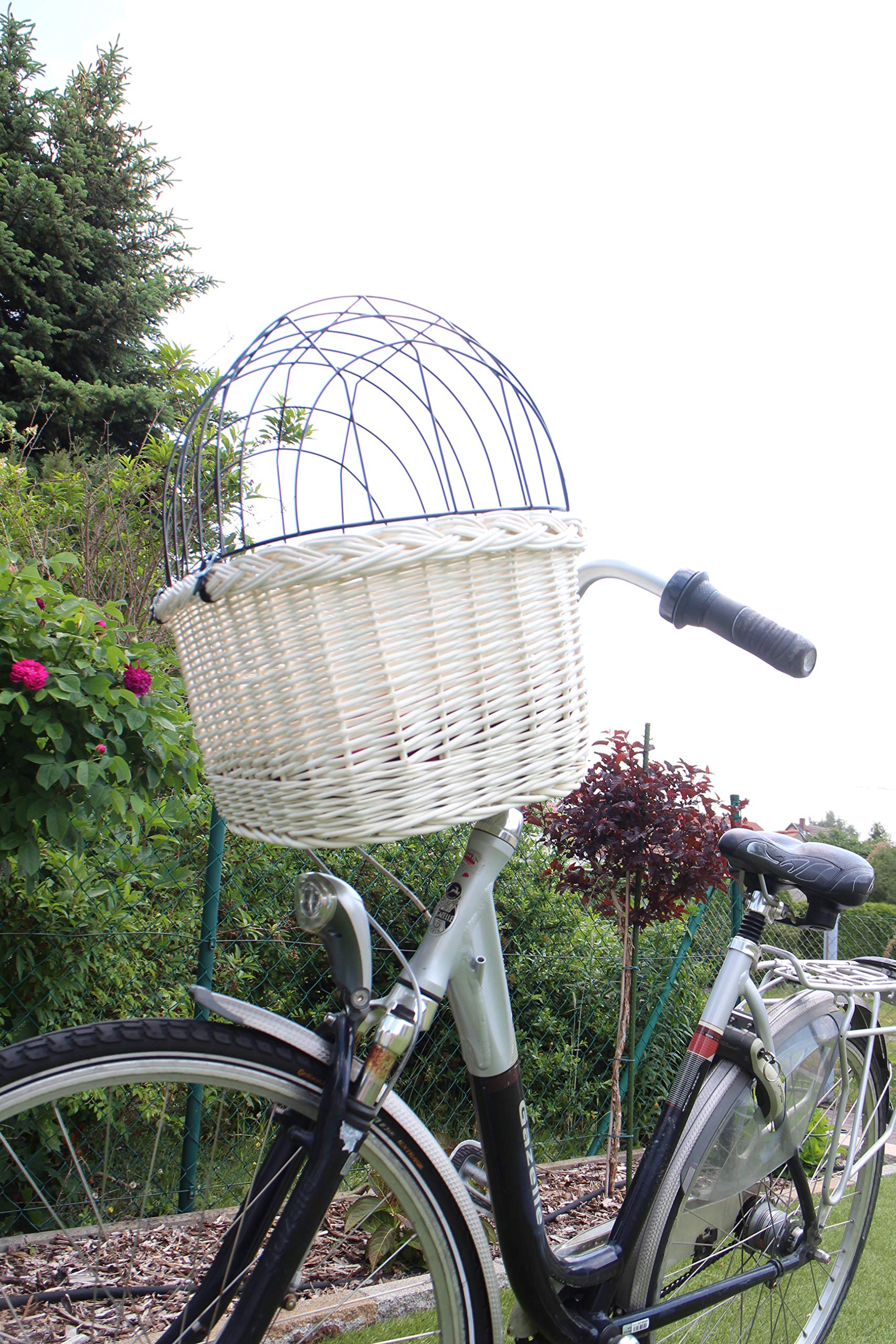 Panier de vélo pour chien pour guidon de vélo en osier avec grille en métal et coussin blanc Panier pour chien (avec coussin)