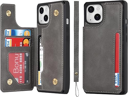 iCoverCase Funda tipo cartera compatible con iPhone 14 Plus con ranuras para tarjetas y correa para la muñeca, piel sintética, doble cierre