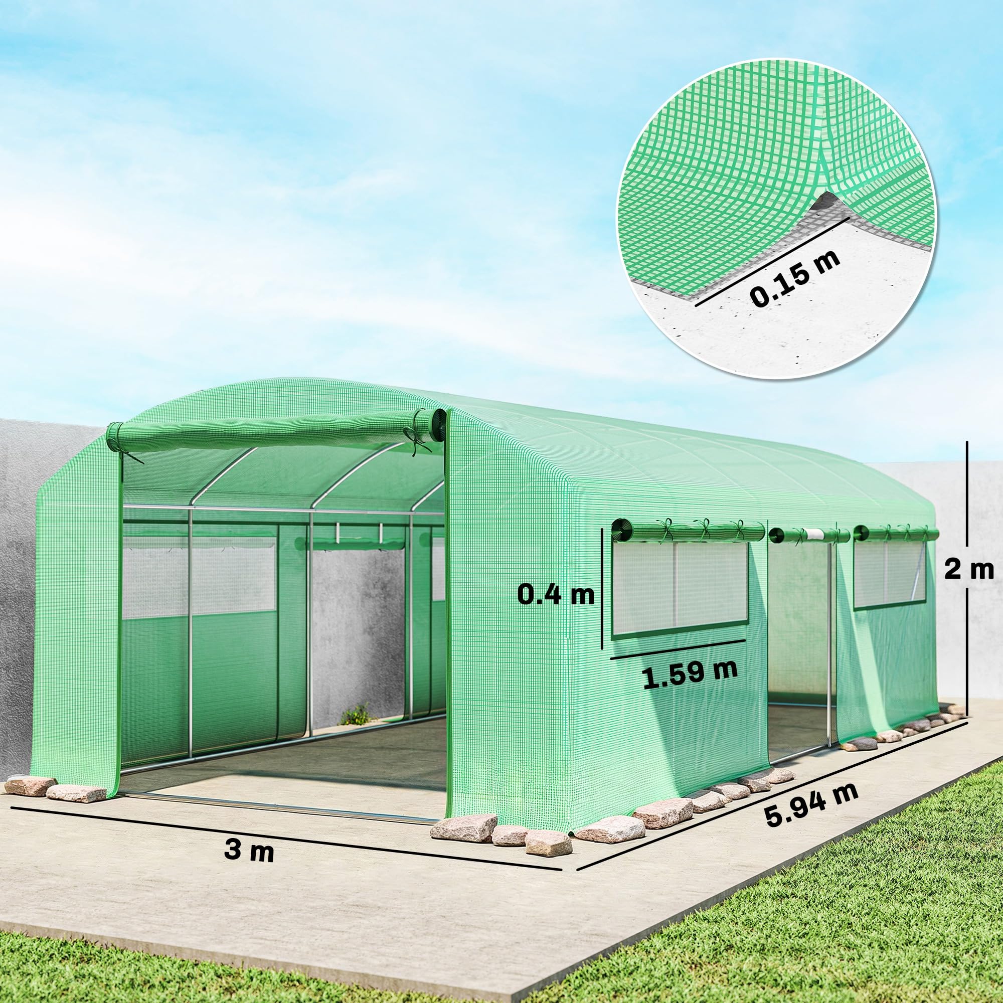 Outsunny Serra a Tunnel 6x3x2 m con 3 Porte Avvolgibili, 6 Finestrelle, Picchetti e Funi, Serra da Giardino per Orto e Piante in Acciaio Zincato e PE, Verde