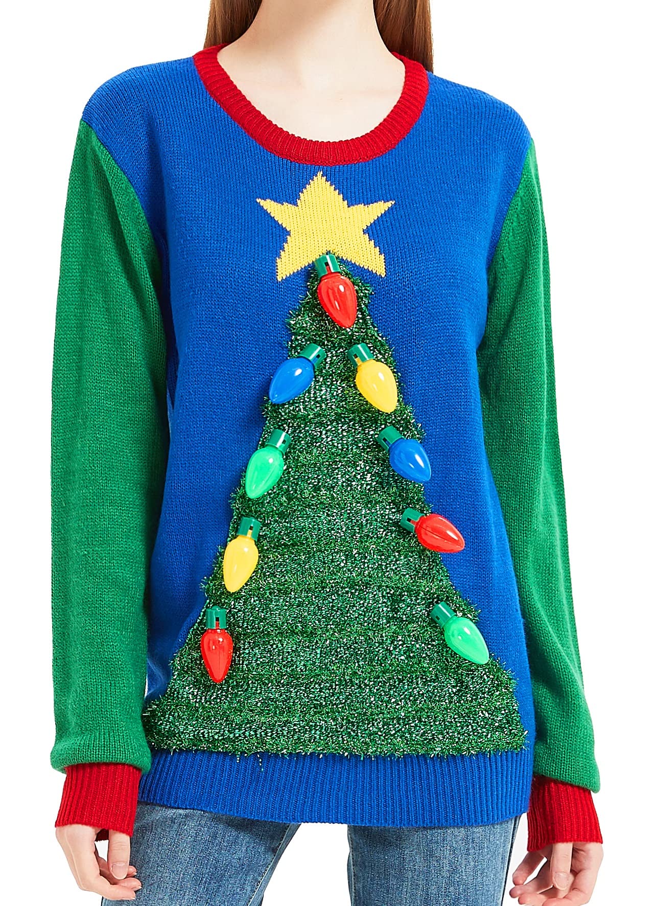Womens Sequin Lightup Tinsel Christmas Sweater Reindeer Santa Fair Isle Snowflake Embellished Knitted Pullover Cardigan