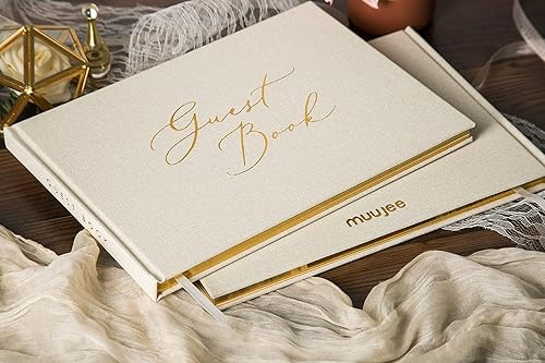 Miniatura 5 de Libro de visitas forrado en relieve, 11.5 x 8.5 pulgadas, grande, de lujo, moderno, de lona color crema, libro de visitas con tapa dura para bodas