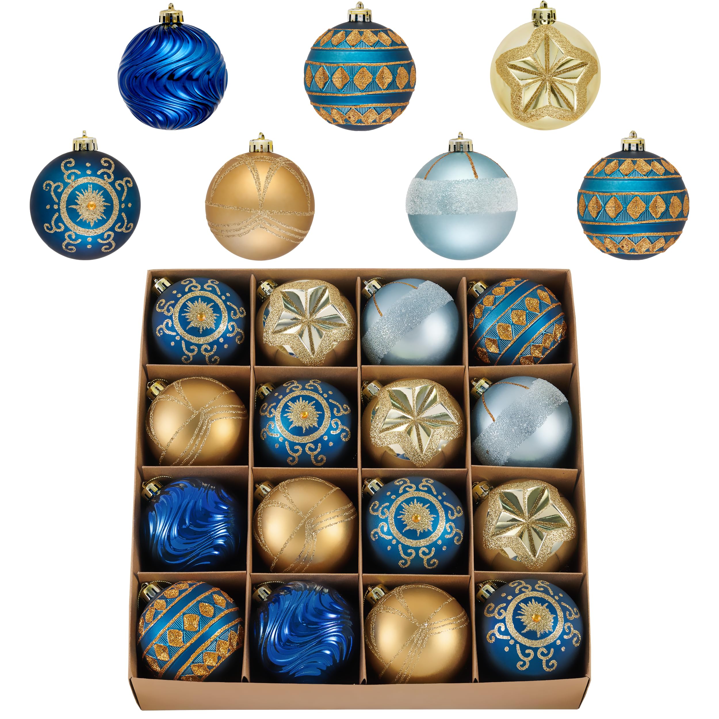 Decoración colgante de lujo para fiestas con adornos para árbol de Navidad inastillables azul y oro