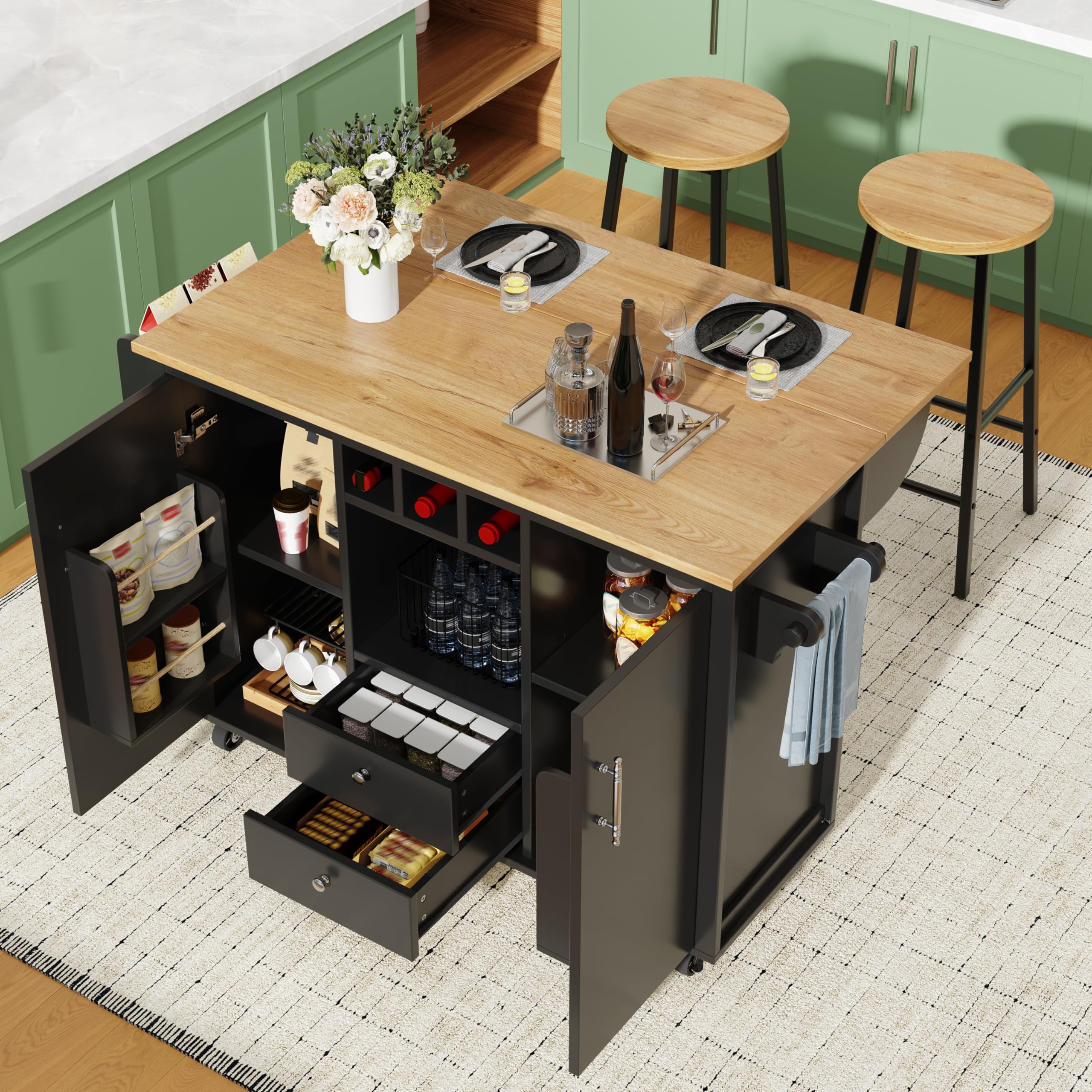 Servierwagen Set mit 2 Barhockern, klappbare Arbeitsplatte, Schwarz