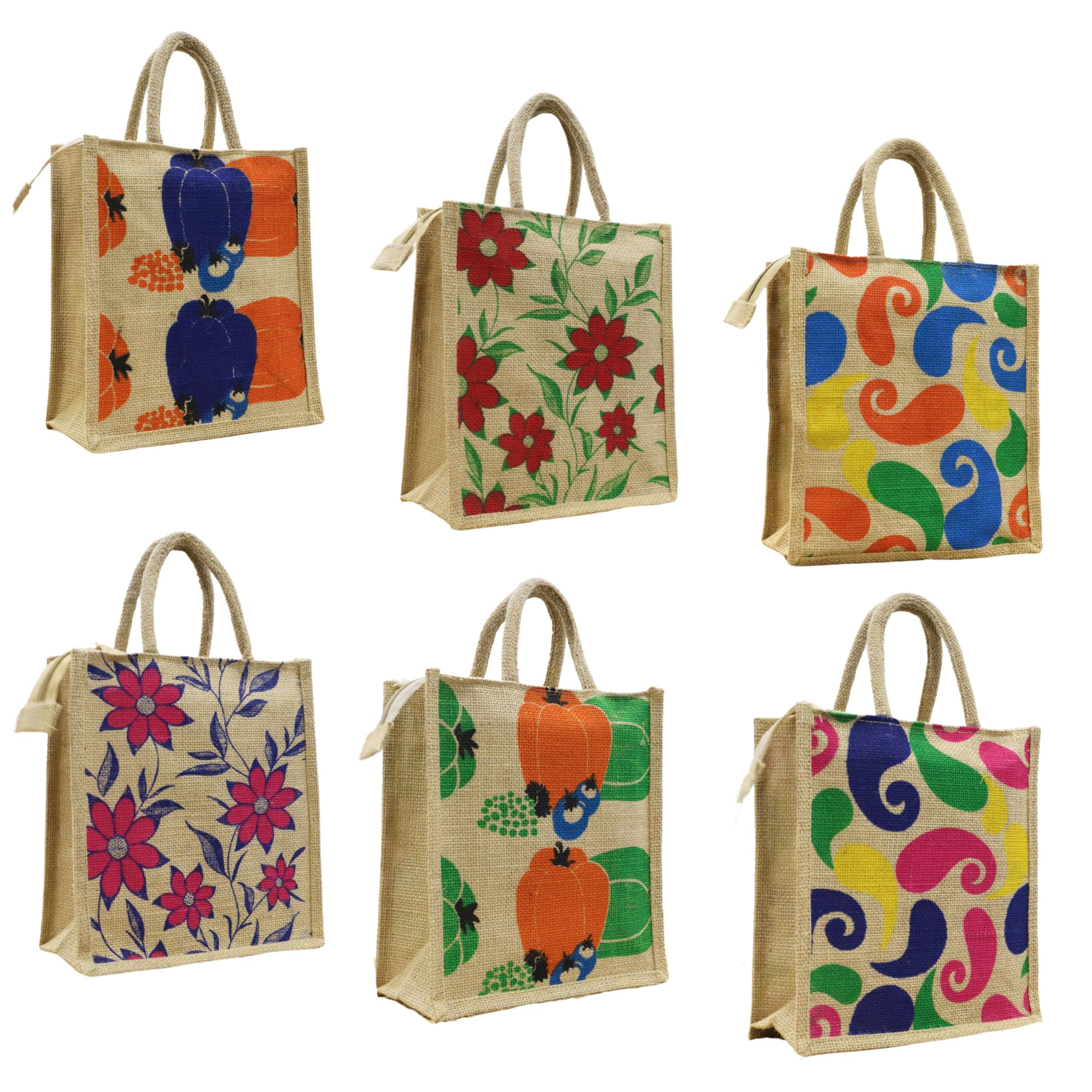 Prakriti Maitri Jute Bags for Return Gifts Thamboolam Pack of 6 - Eco-friendly Tiffin Bag, Multicolor Lunch Bag - Ideal for House Warming, Grah Pravesh Gift for Women