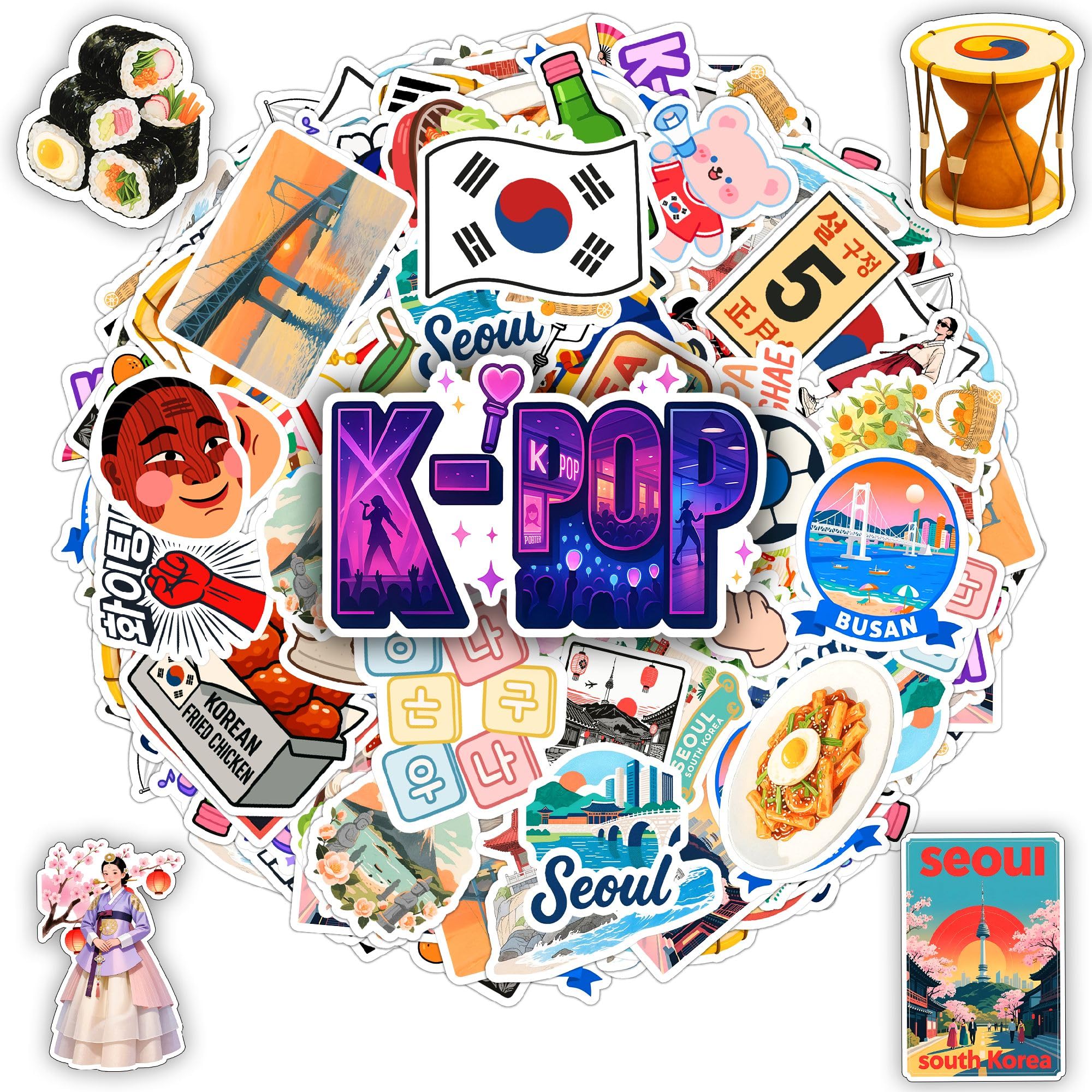 100 PCS South Korea Stickers – Korean Travel Icons, Food & Culture Vinyl Waterproof Decals for Laptop, Scrapbook, Water Bottle, Car, Guitar – Fun Gift for Teens & Adults