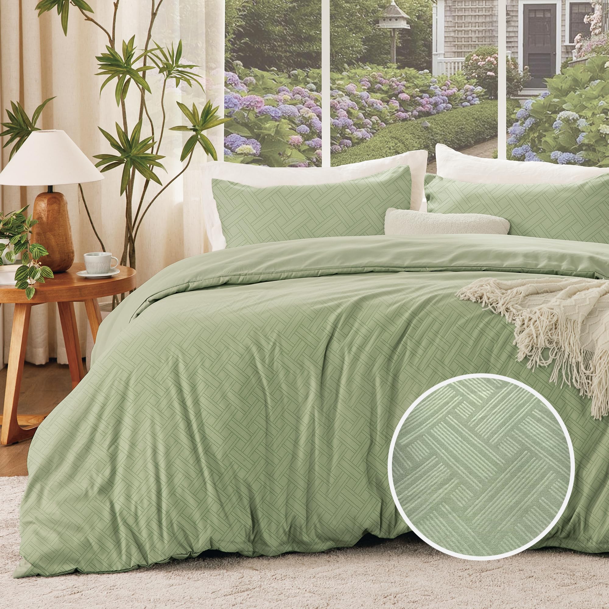 FreshCulture Sage Green Duvet Cover Queen Size,3-Piece Duvet Cover Set,Ultra Soft Textured Microfiber Bedding for All Seasons, Zipper Closure & Corner Ties(90"x90" + 2 PillowSham 20"x26")