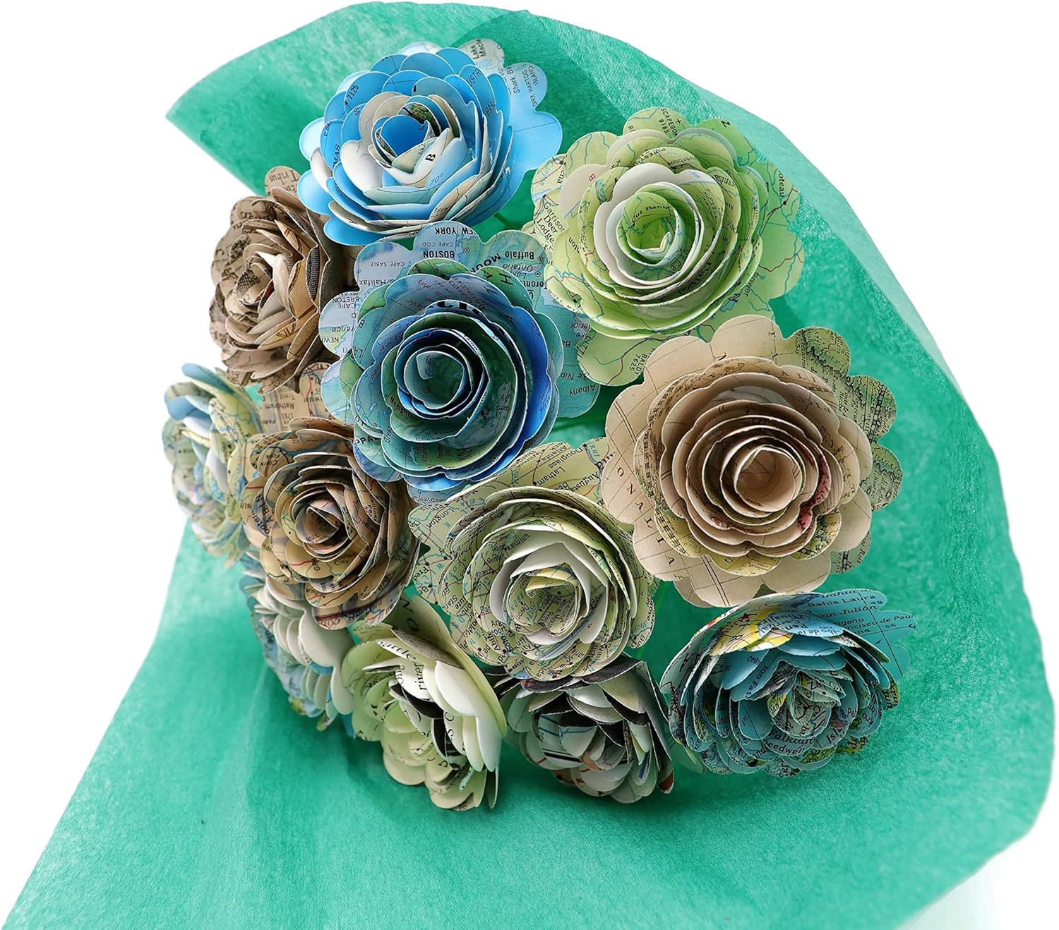 12 World Atlas Map Paper Flowers On Stems – Scalloped Quilled Rose Bouquet