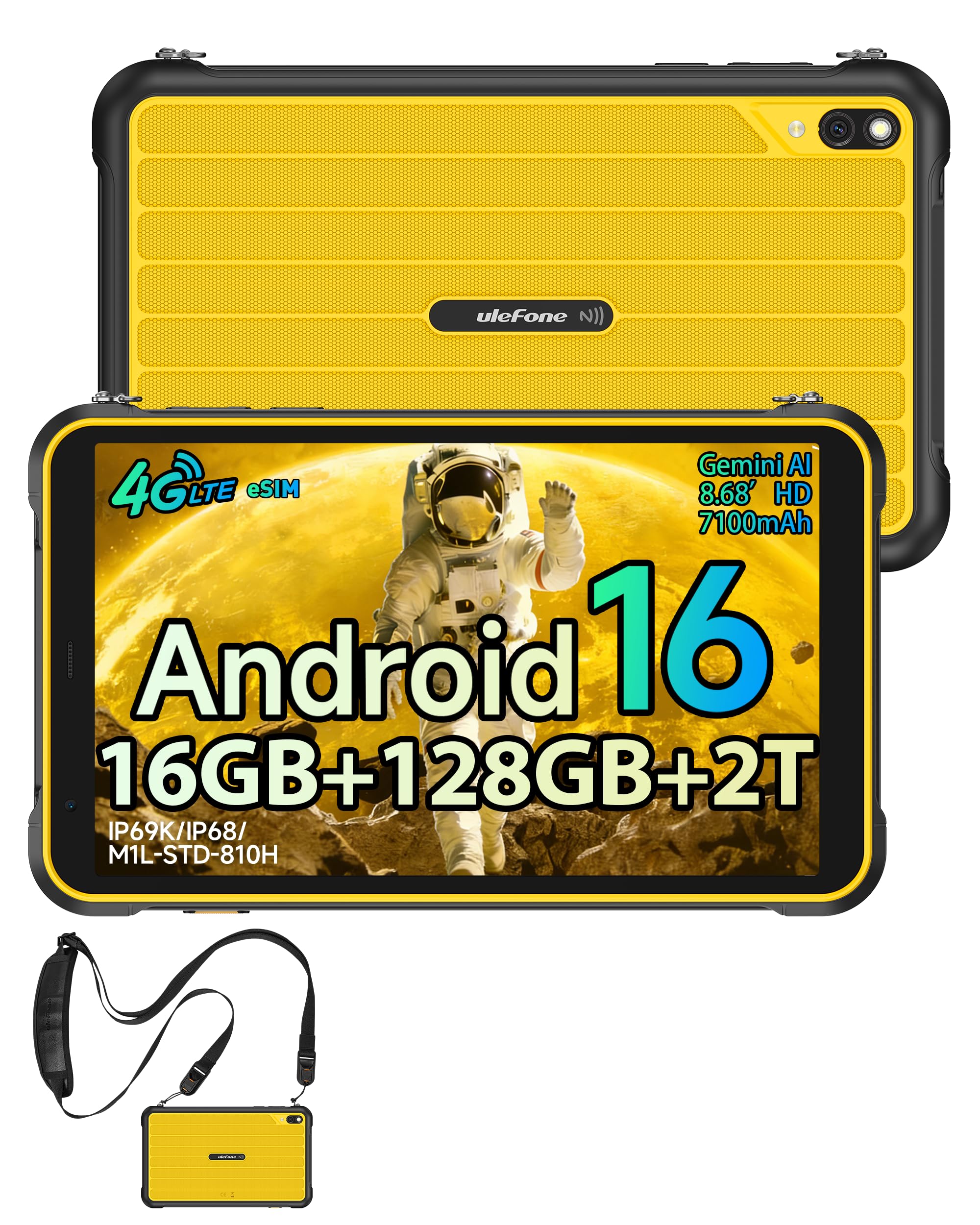 Предна страна view of the Ulefone RugKing Pad Pro tablet, showing its display and rugged yellow casing.