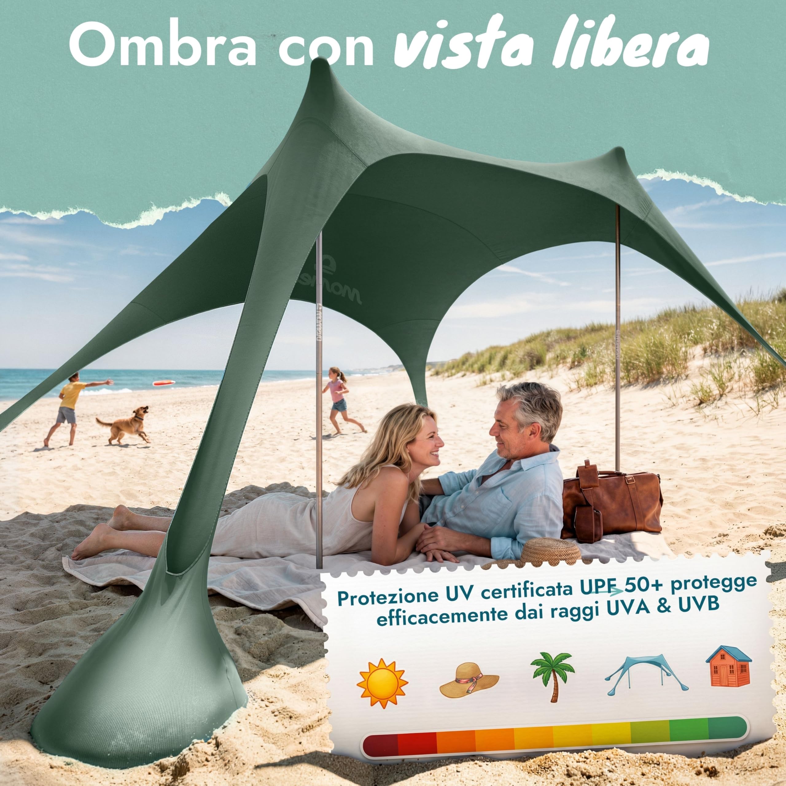 Tenda da spiaggia Sunsail – Telo ombreggiante da spiaggia con protezione UV UPF 50+, resistente al vento e leggera, tenda da spiaggia di nuova generazione (2 pali, Oliva)