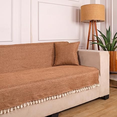 STITCHNEST Jute Sofa Seat Cover – Brown, 70x60 Inch | Soft Textured Fabric with Tassel| Full Coverage Sofa for Living Room Décor