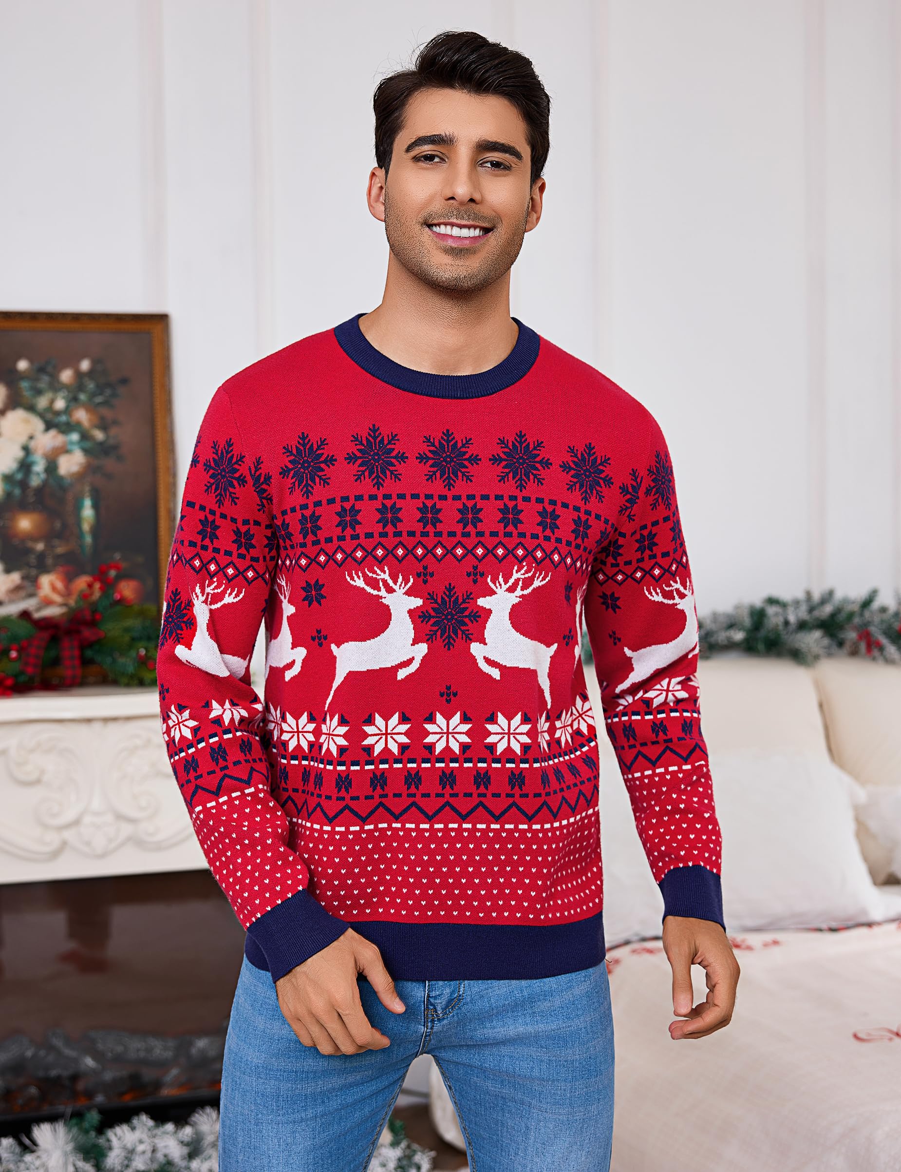 Litherday Jersey de Navidad para Hombre Ugly Christmas Sweater Divertido Jersey de Navidad Cuello Redondo Jerseys de Punto con Copo de Nieve para Navidad Fiesta