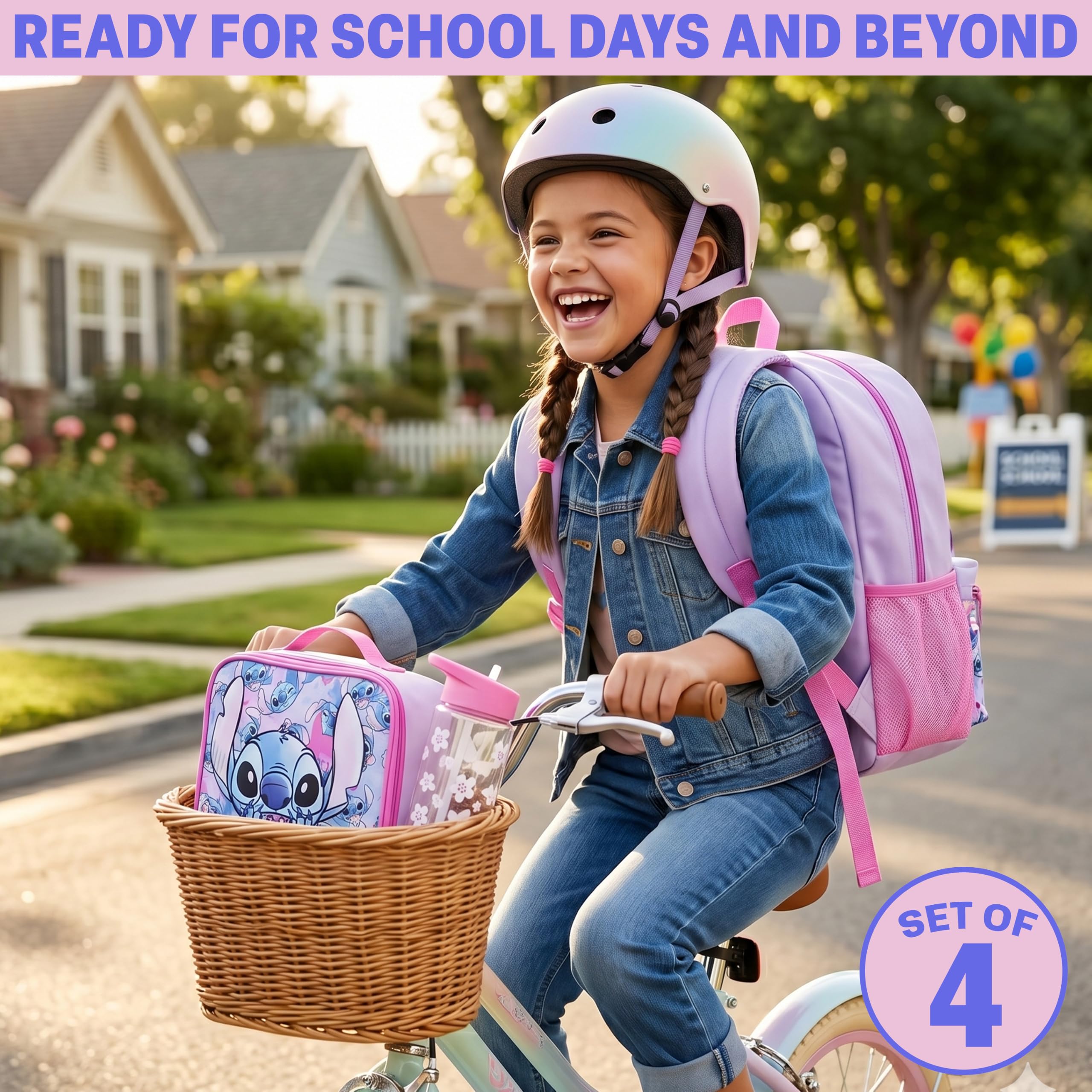 Get Trend Disney Stitch Grande Mochila Escolar Niña Set 4 Piezas, 46 cm Mochila Infantil con Botella Agua 500 ml, Estuche Escolar y Bolsa Termica Porta Alimentos para Colegio (Multi Stitch)