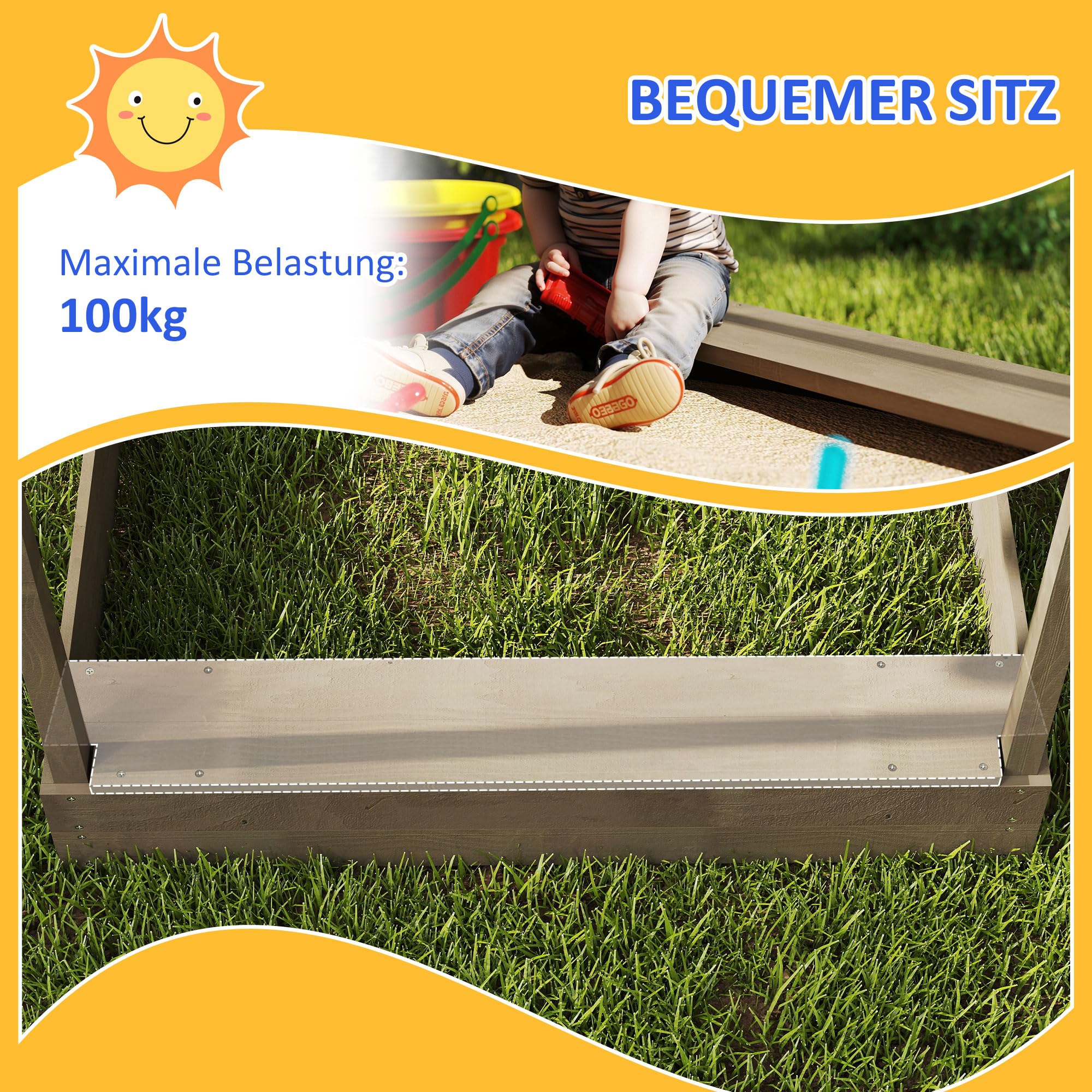 Outsunny Piaskownica z dachem, domek do zabawy dla 3-7, 124 x 116 x 146 cm, szara | Piaskownica z drewna z miejscem do siedzenia, piaskownica z tablicą, ogród