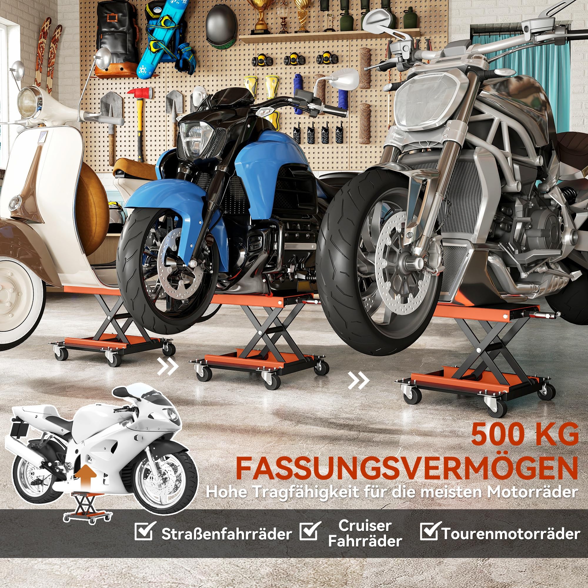 HOMCOM Motorradheber 500 kg Belastbar Motorradhebebühne 135-390 mm Höhenverstellbar Montagebock Fahrradreparatur-Scherenheber in Garage & Außenbereichen