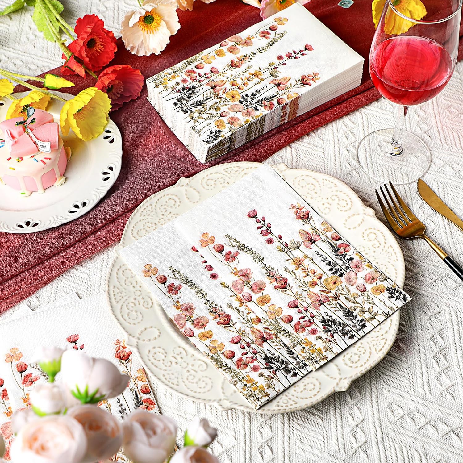 Seajan 200 Pcs Paper Guest Napkins Disposable Hand Towels for Bathroom Paper Disposable Guest Towels Napkins for Spring and Summer Wedding Bathroom Birthday Dinner Party(Spring Flowers)