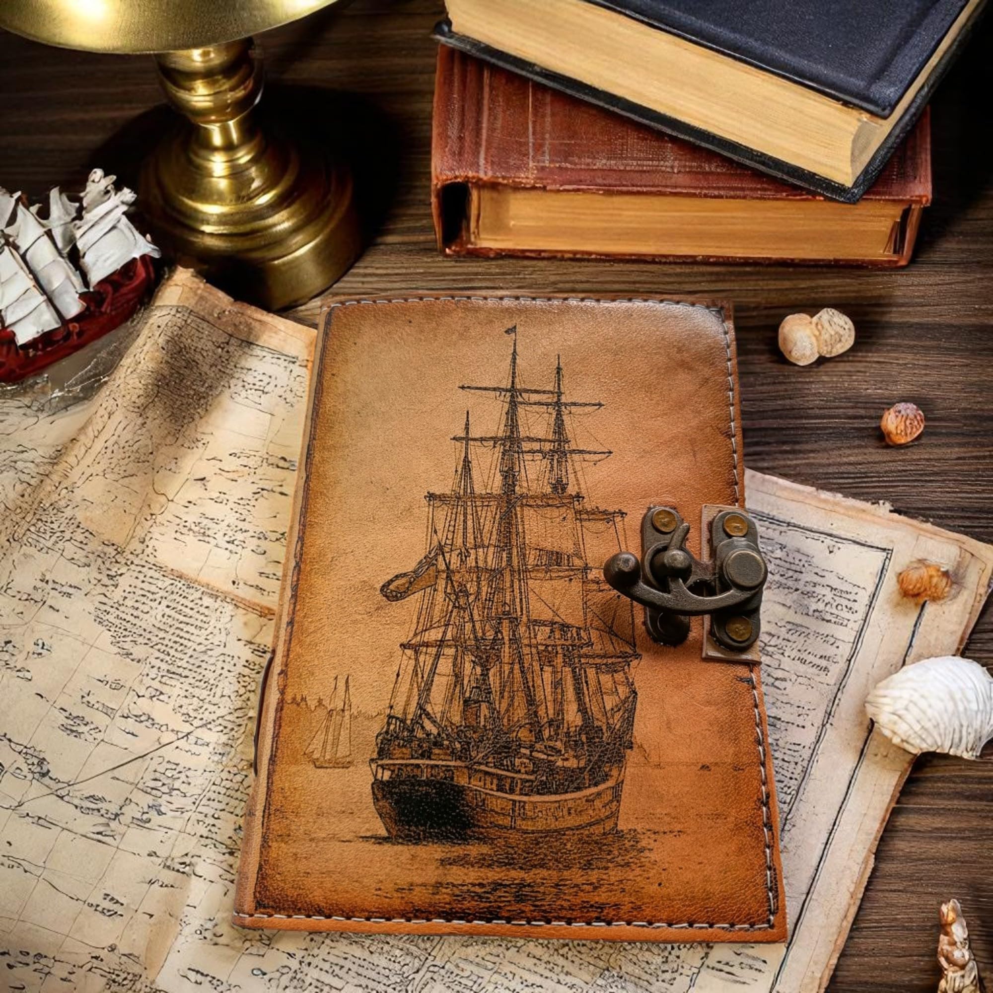 EHH Blank Spell Book of Shadows Journal with Lock Clasp Vintage Journal - Sailing Ship Boat Genuine Leather Journal Prayer Pagan, Witchcraft Supplies, Wiccan Decor, For Men & Women
