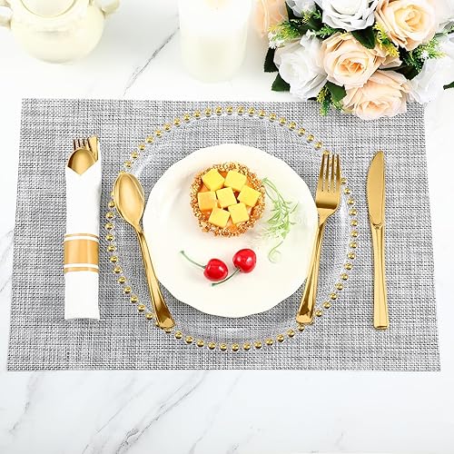 Vista 5 de Mifoci Juego de 200 cubiertos de plástico dorado preenrollados, juego de cubiertos desechables envueltos con 200 servilletas, 200 tenedores, 200
