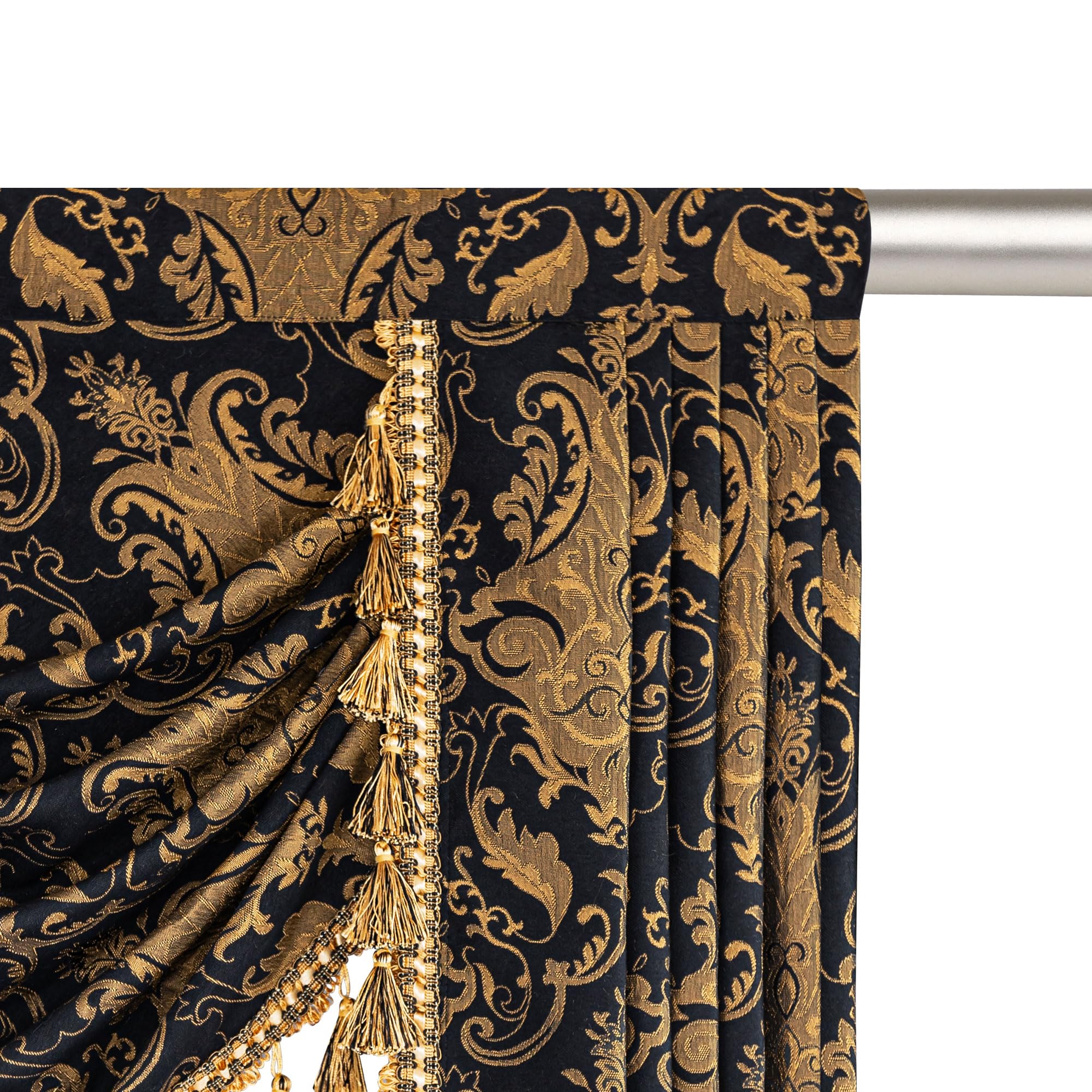 Cantonnière pour fenêtres, motif cascade damassée avec pompons, rideau court pour chambre à coucher, salon, cuisine, traitement de fenêtre avec passe-tringle (largeur 100 cm, noir)