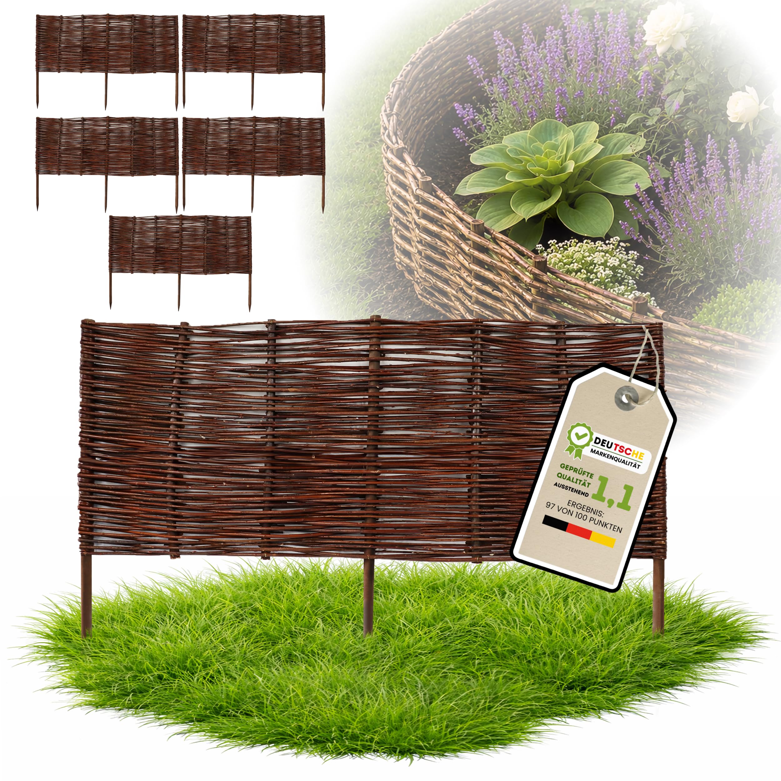 Floranica 5 pezzi Recinzione in vimini 30 cm x 100 cm – Staccionata da giardino intrecciata Palizzata Recinzione naturale Bordo aiuola