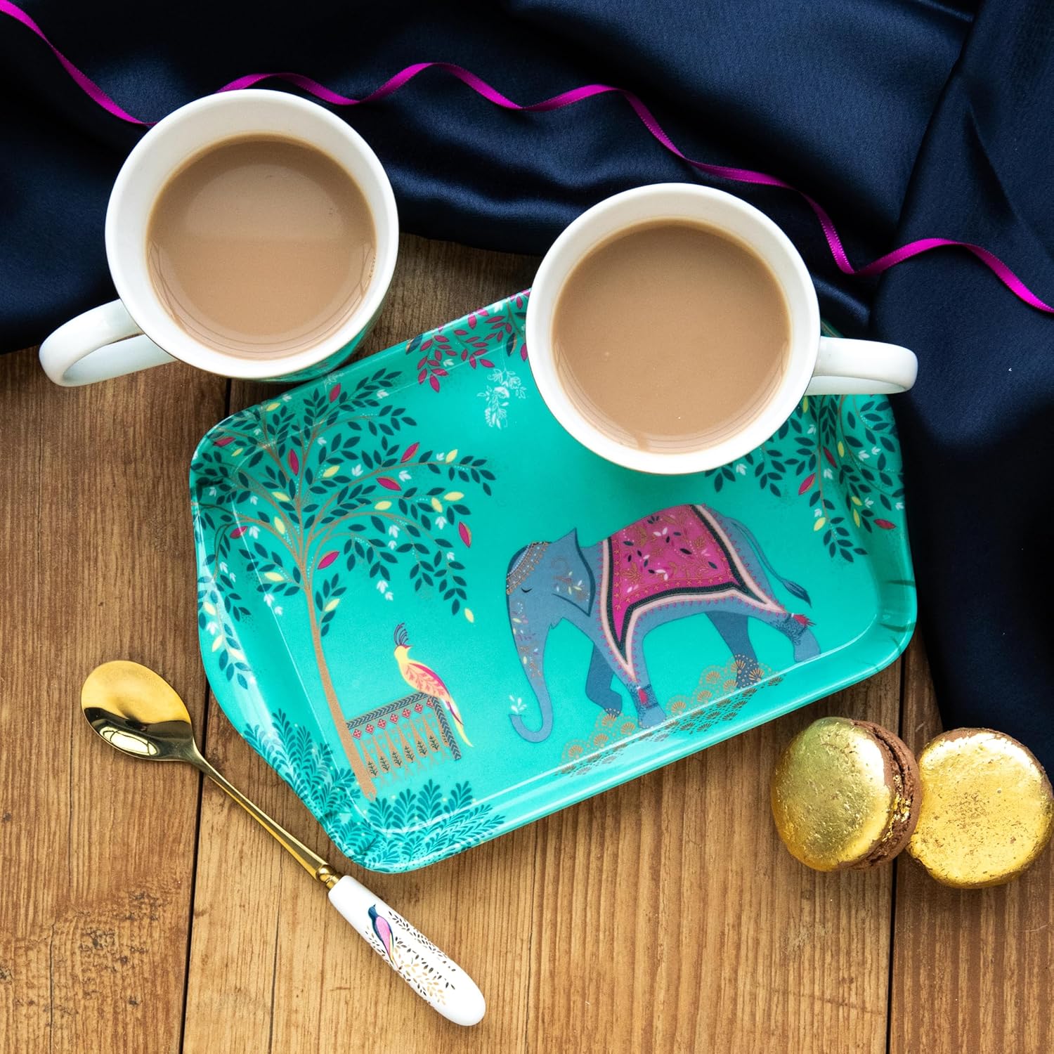 Sara Miller London India Mug & Tray Set, Elephant Oasis - 3 Piece Brunch Set - 2 Porcelain Mugs with 22ct Gold Detailing & Coordinating Melamine Tray for Afternoon Tea Moments & Special Events
